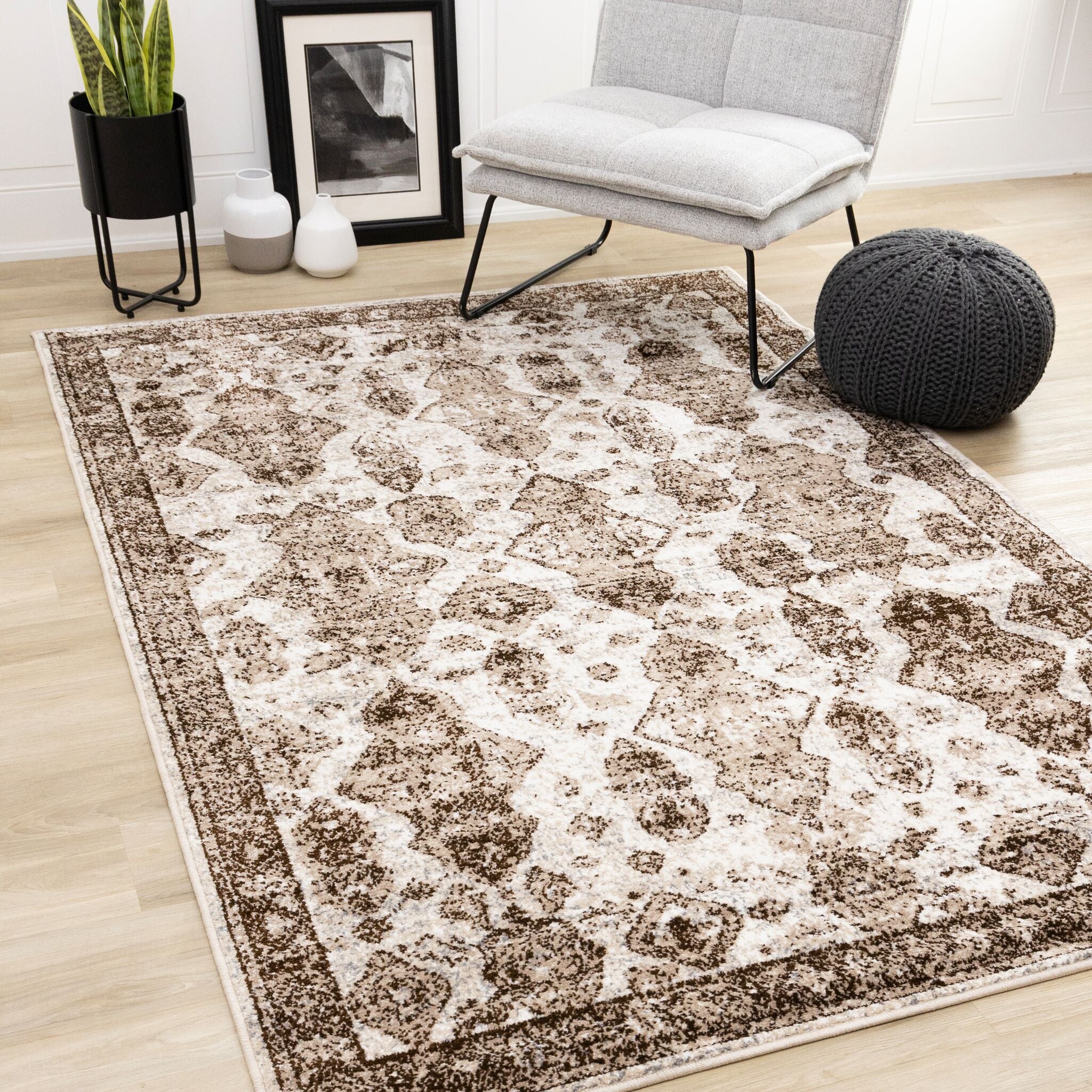 Antique Charm 5'3" x 7'7" Distressed Classic Area Rug - Brown, Grey, White - Image 2