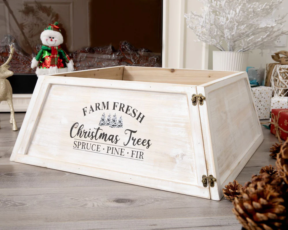 Arendal Large Wooden Farmhouse Christmas Tree Collar - Whitewashed - Image 3