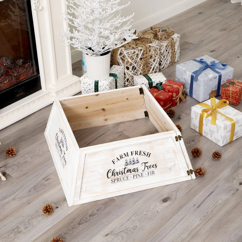 Arendal Large Wooden Farmhouse Christmas Tree Collar - Whitewashed - Image 4