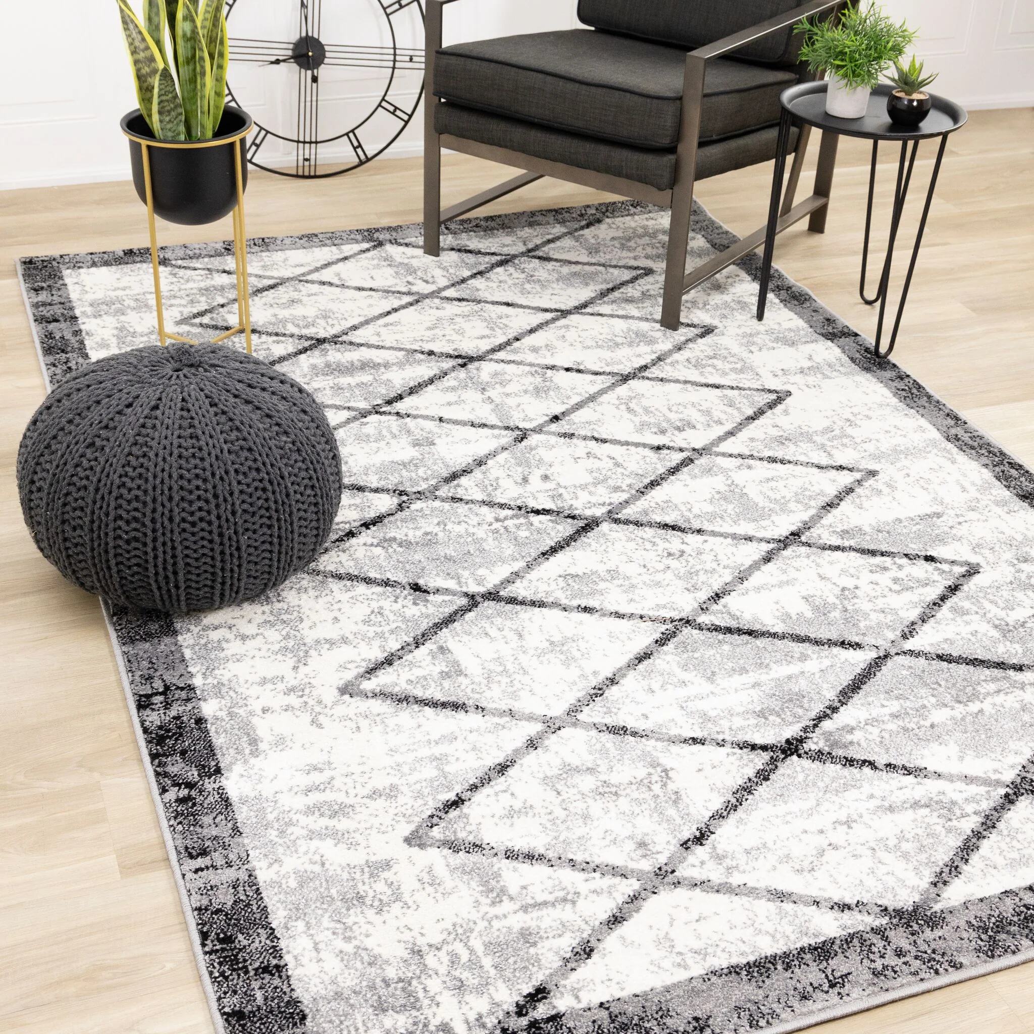 Ashwood 6'7" x 9'10" Distressed Lattice Area Rug - Grey, Black, White - Image 2