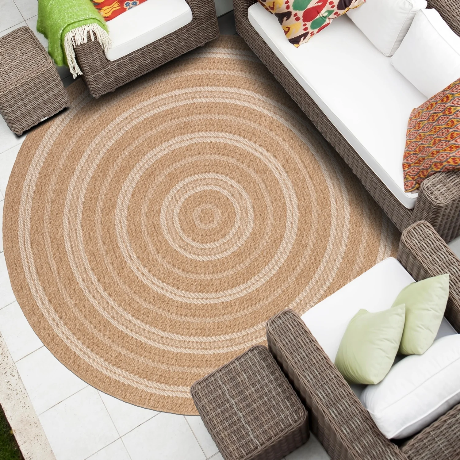 Avanos Circles Indoor/Outdoor Rug - 6ft Round - Beige/White - Image 5