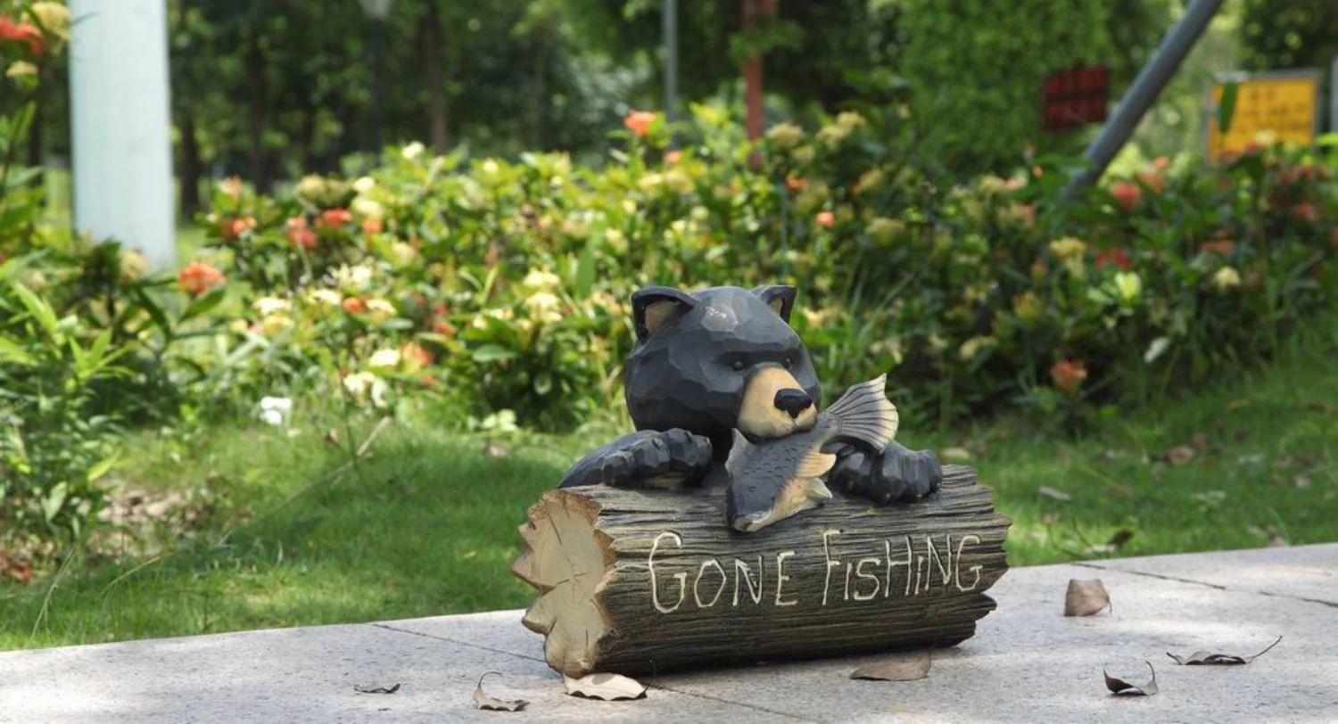Bear Gone Fishing Statue - Black/ Brown - Image 3