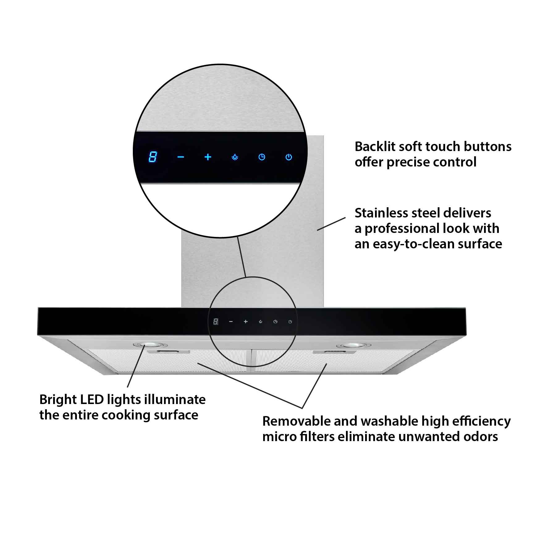 Broan Stainless Steel WITH Black Glass Panel 30" 450 CFM Designer Chimney Range Hood - BWT1304SSB - Image 10