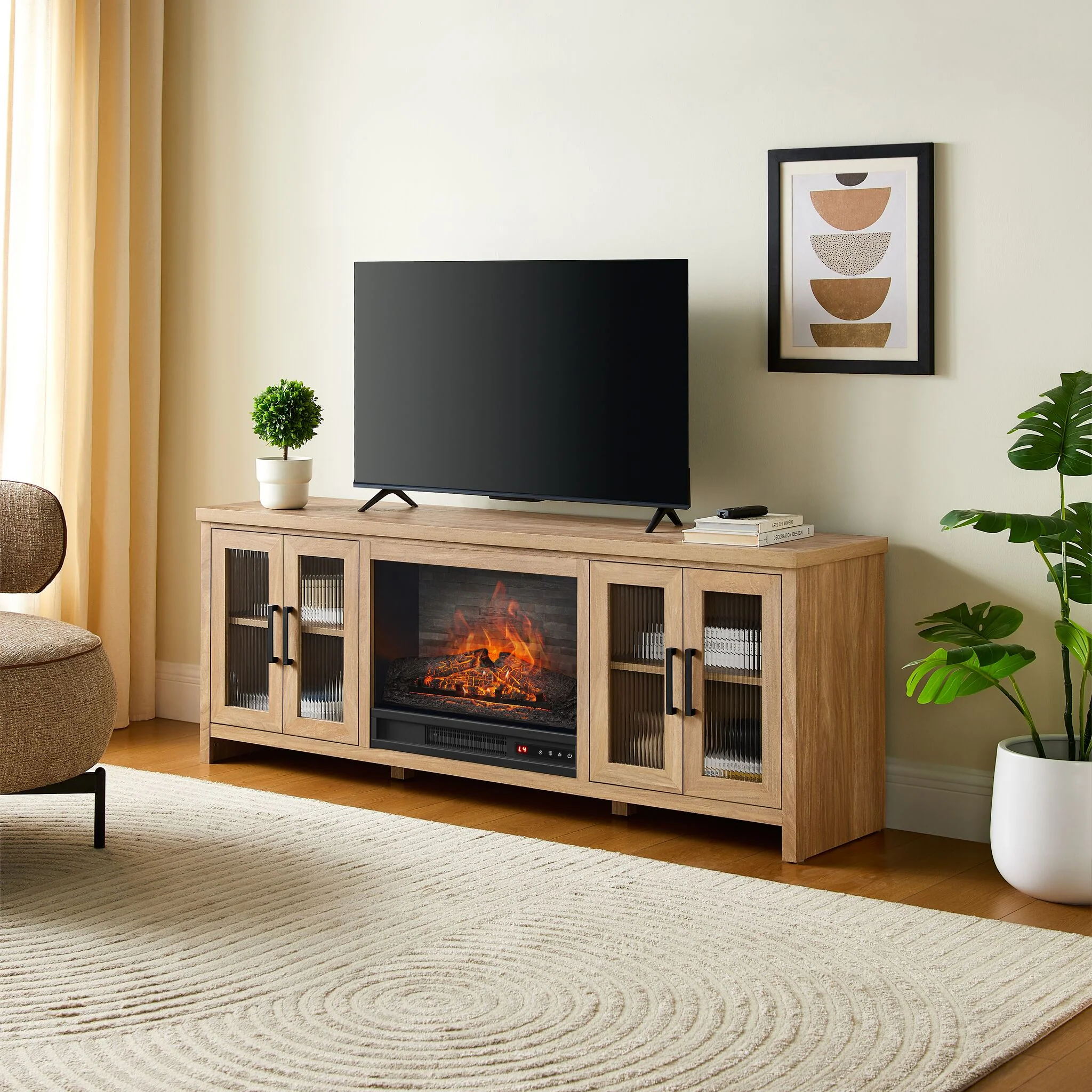 Cambridge 66" Fireplace TV Stand - Natural Oak - Image 2