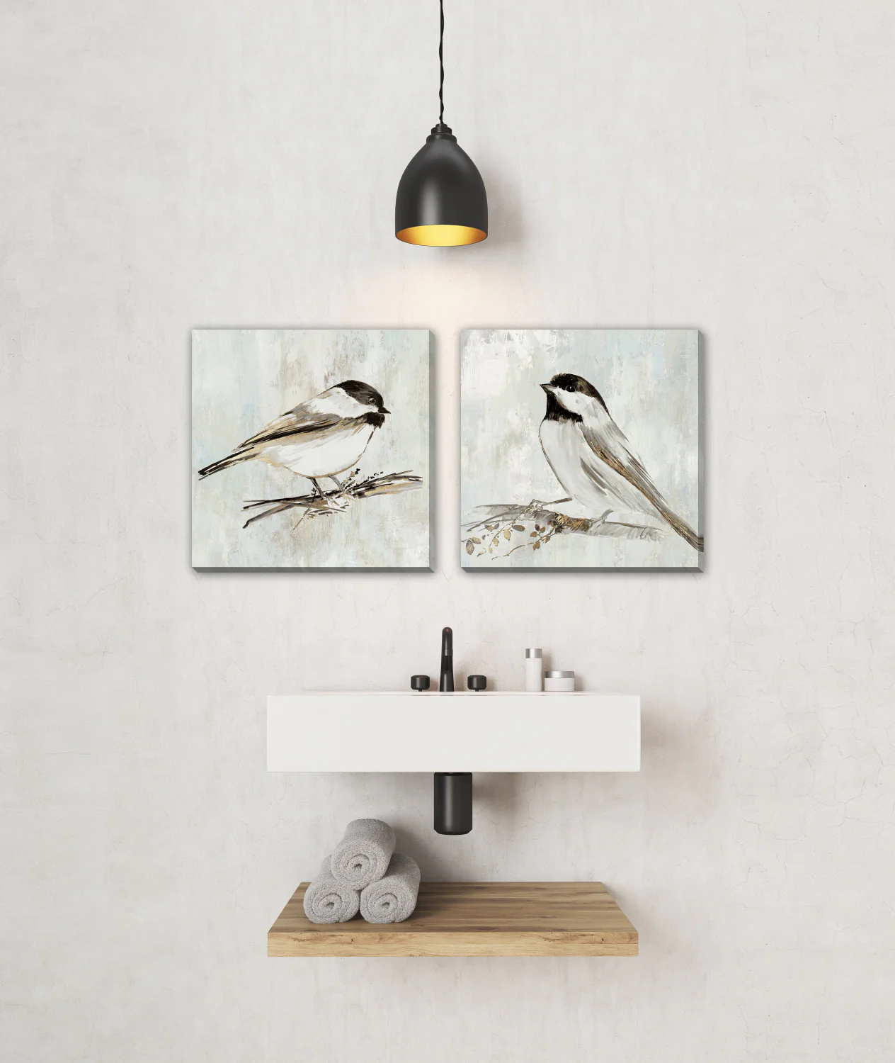 Chickadee Companions Wall Art - White/Grey - 16 X 16 - Set of Two - Image 2