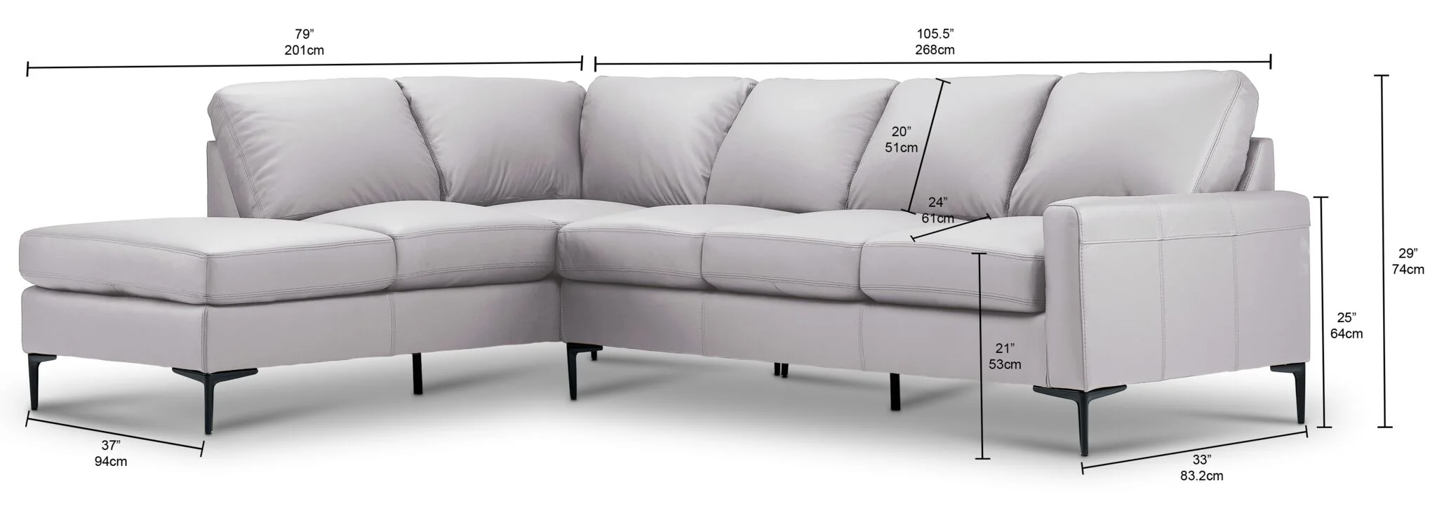 Chito Leather 2-Piece Sectional with Left Facing Chaise - Cloud Grey - Image 3