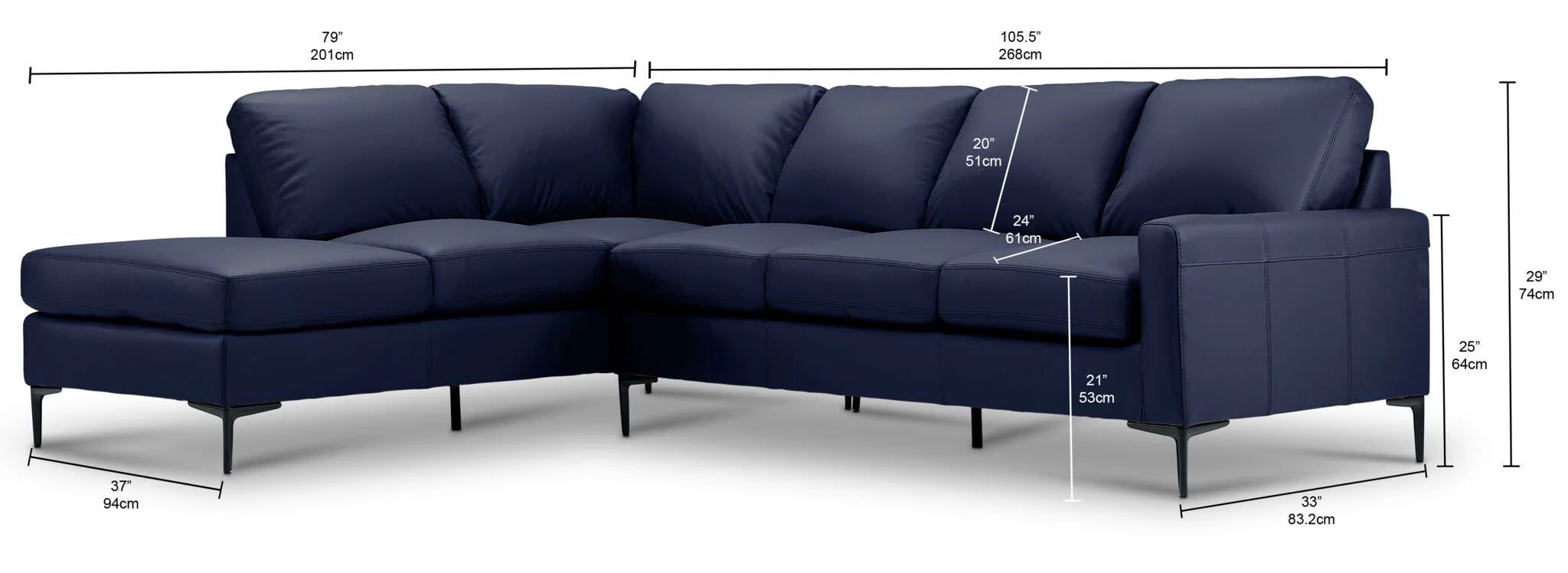 Chito Leather 2-Piece Sectional with Left Facing Chaise - Navy - Image 3