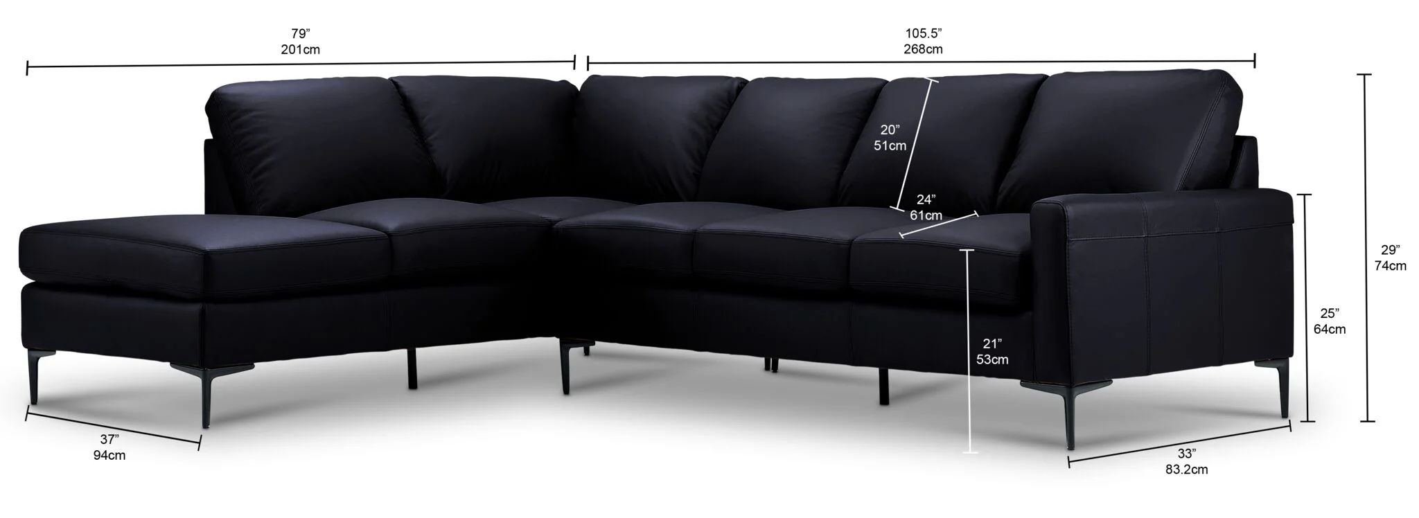Chito Leather 2-Piece Sectional with Left Facing Chaise - Raven - Image 3