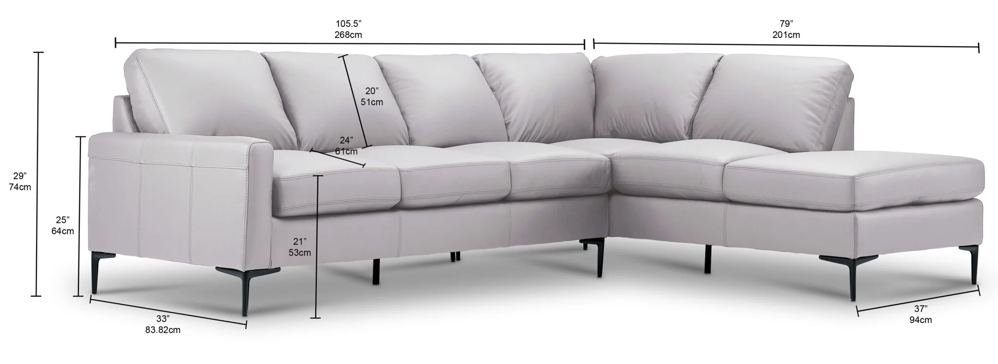 Chito Leather 2-Piece Sectional with Right Facing Chaise - Cloud Grey - Image 3