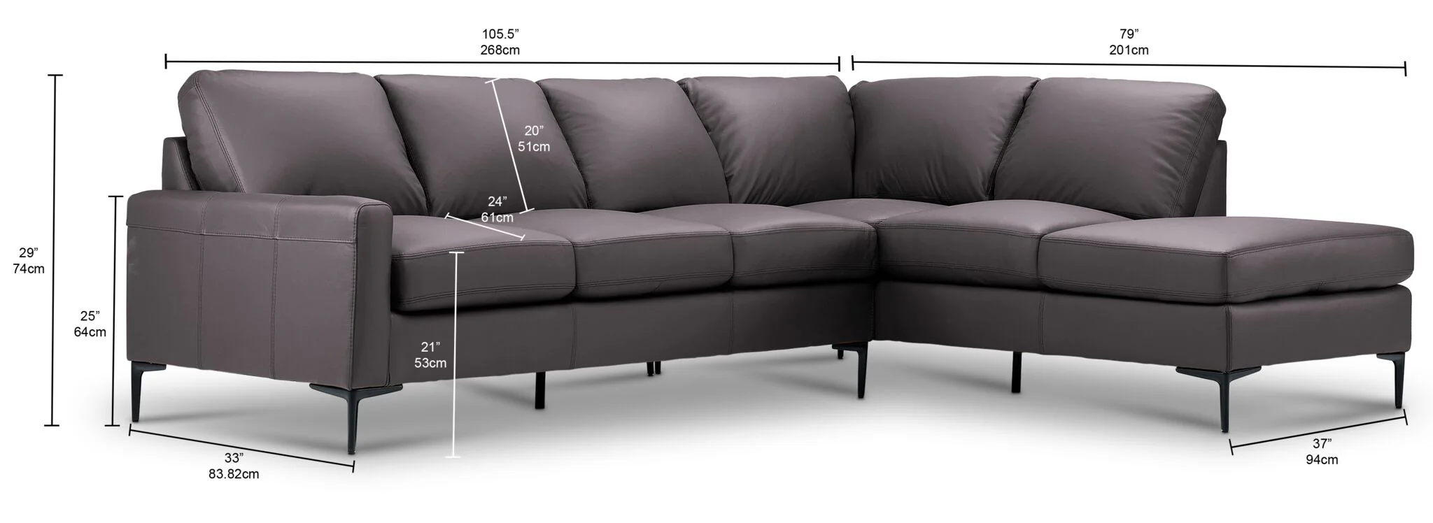 Chito Leather 2-Piece Sectional with Right Facing Chaise - Mocha - Image 3