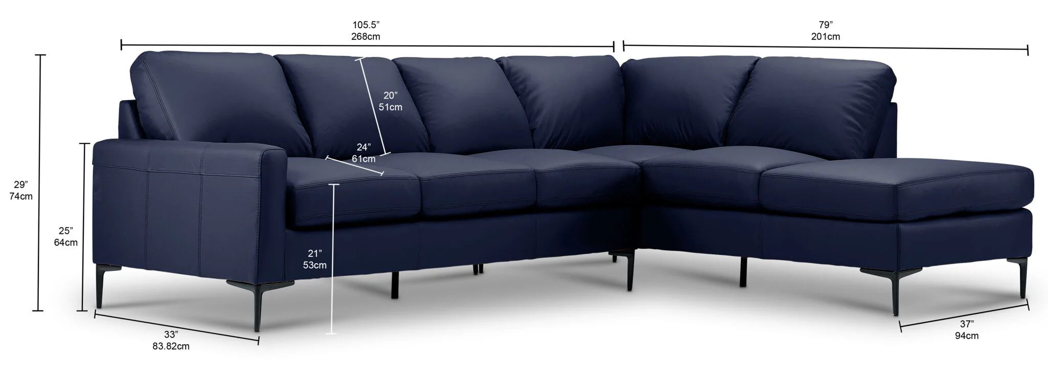 Chito Leather 2-Piece Sectional with Right Facing Chaise - Navy - Image 3