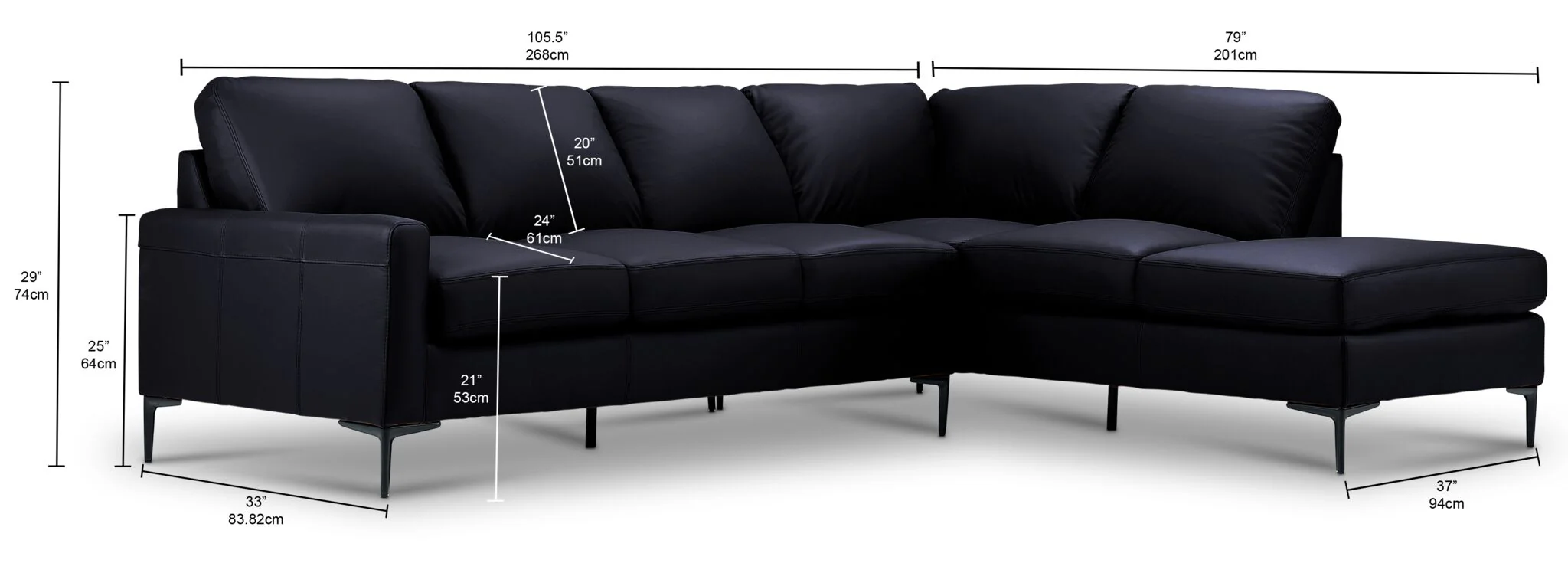 Chito Leather 2-Piece Sectional with Right Facing Chaise - Raven - Image 3