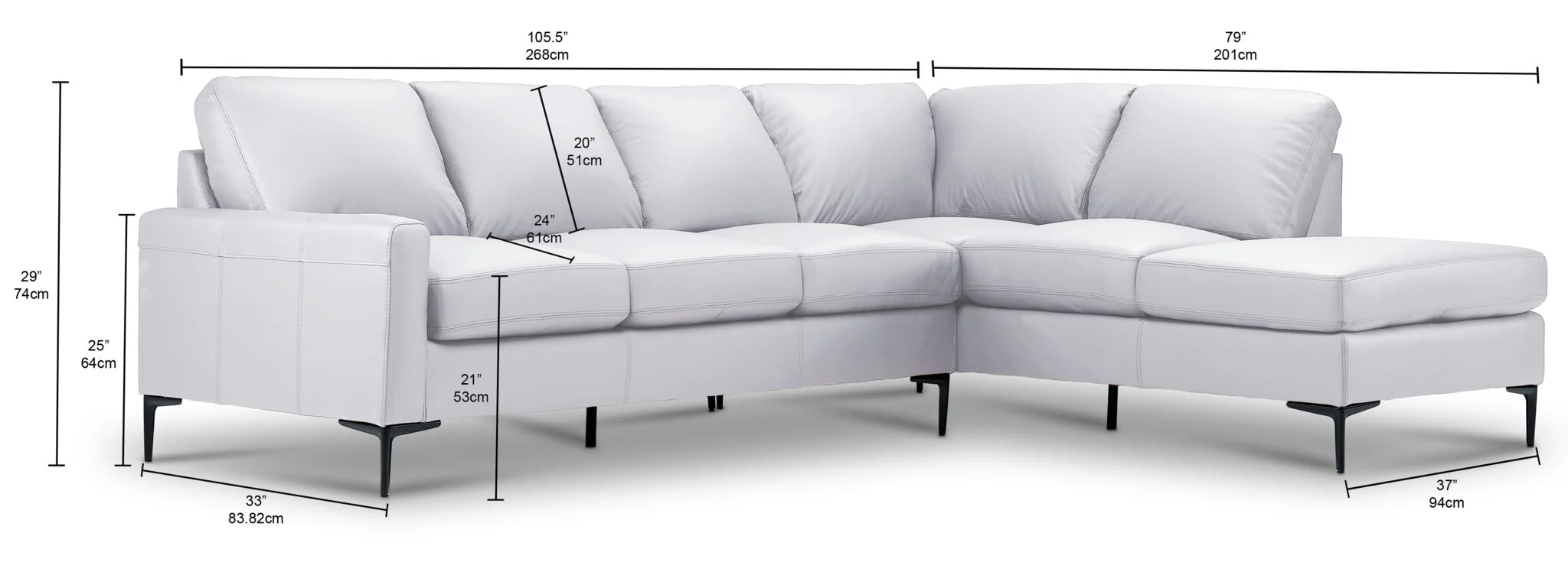 Chito Leather 2-Piece Sectional with Right Facing Chaise - Silver Grey - Image 3