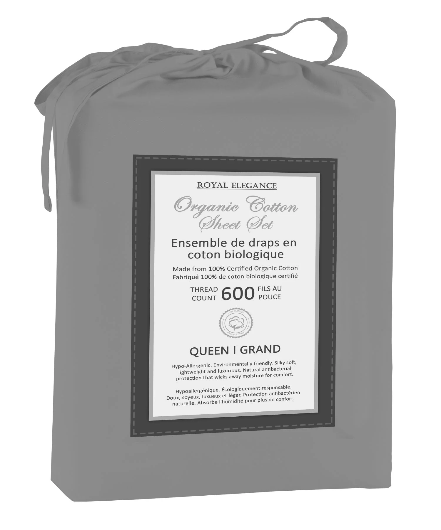Cotton House 100% Organic Cotton Queen Sheet Set - 600 Thread Count Charcoal