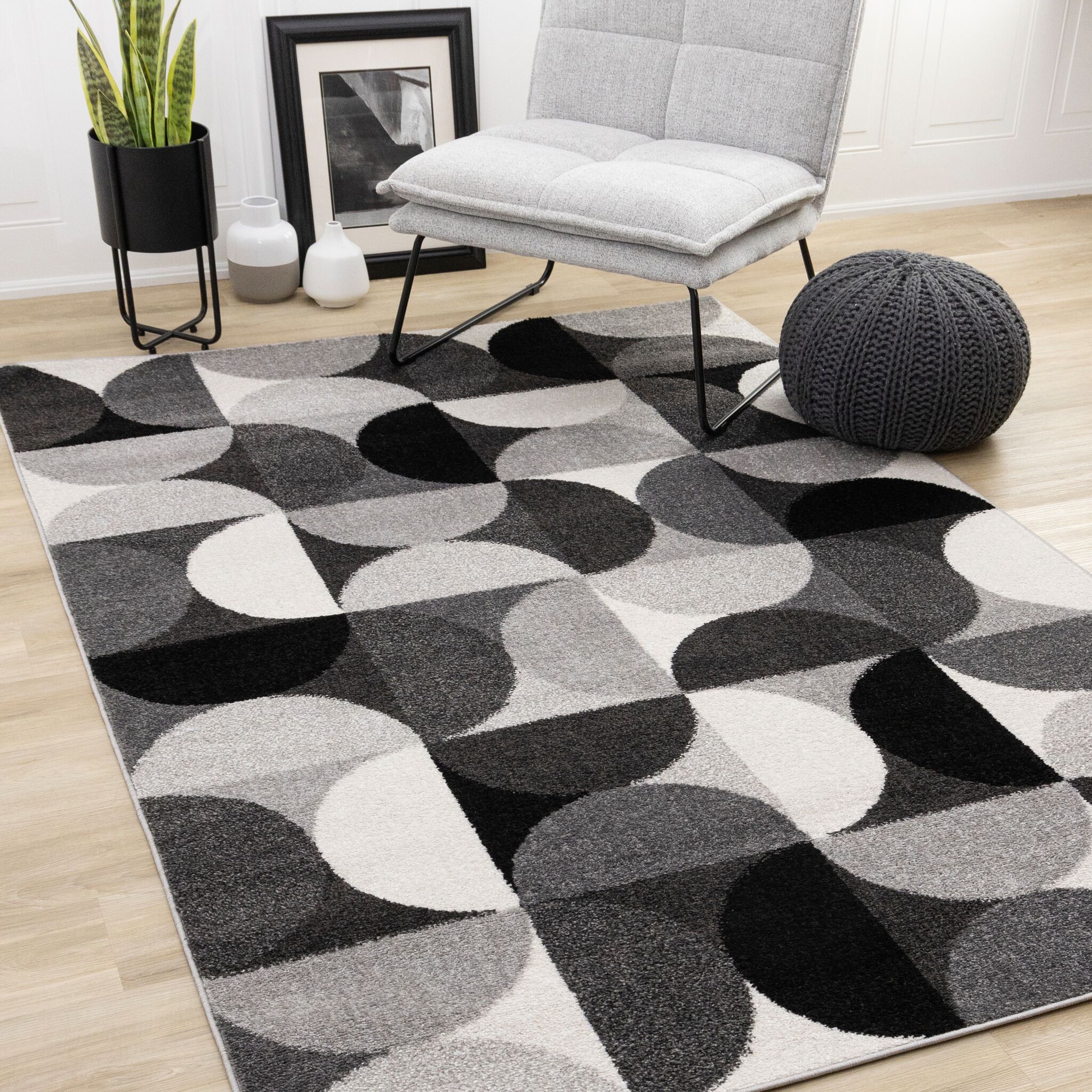 Eclipse 7'10" x 10'6" Mid-Century Modern Design Area Rug - Grey, Black, White - Image 2