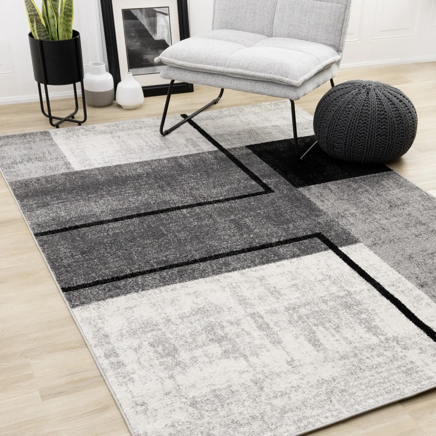 Elise Modern Geometric Area Rug - 5' X 8' - Grey/Black/White - Image 2