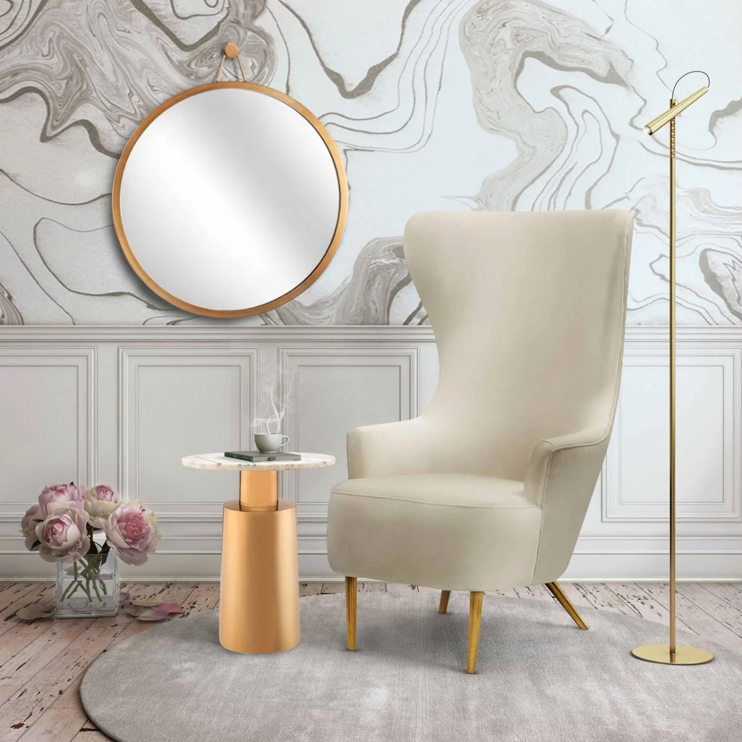 Elray Velvet Wingback Accent Chair - Cream - Image 4