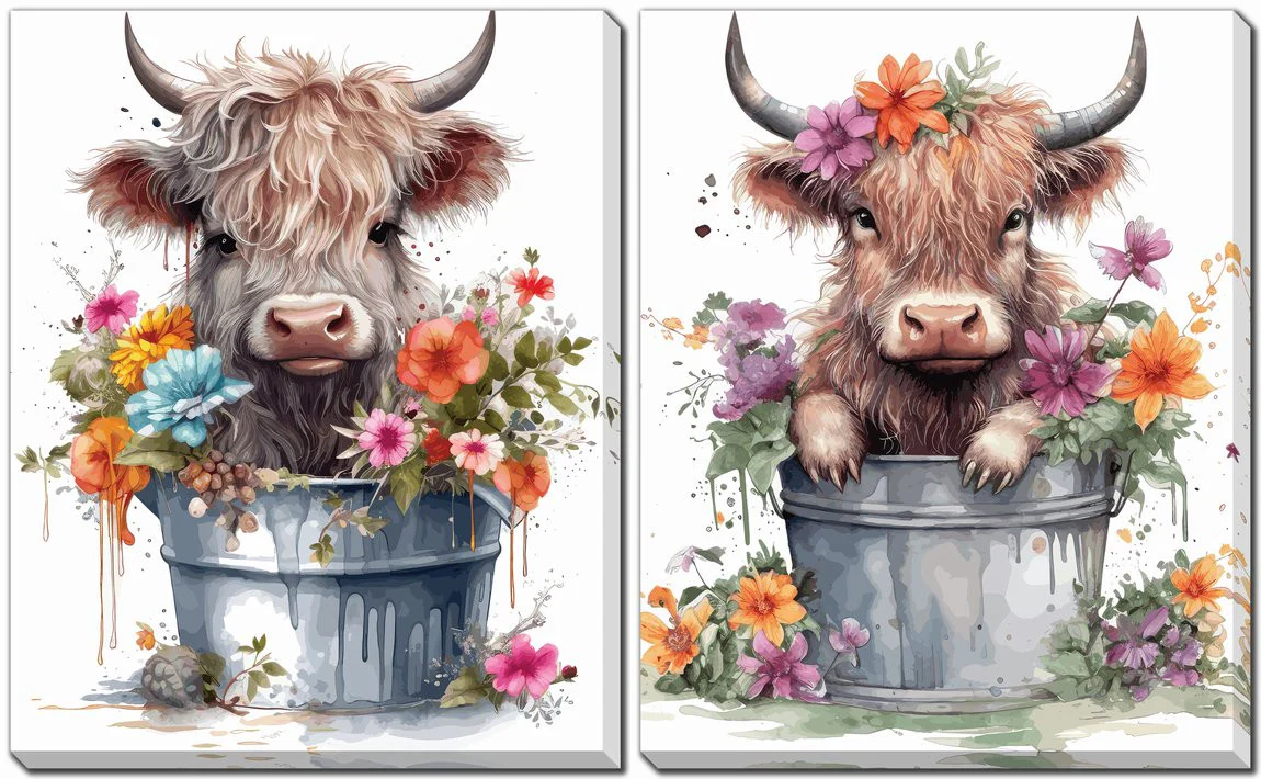 Floral Cows Wall Art - Multi-Colour - 16 X 20 - Set of Two