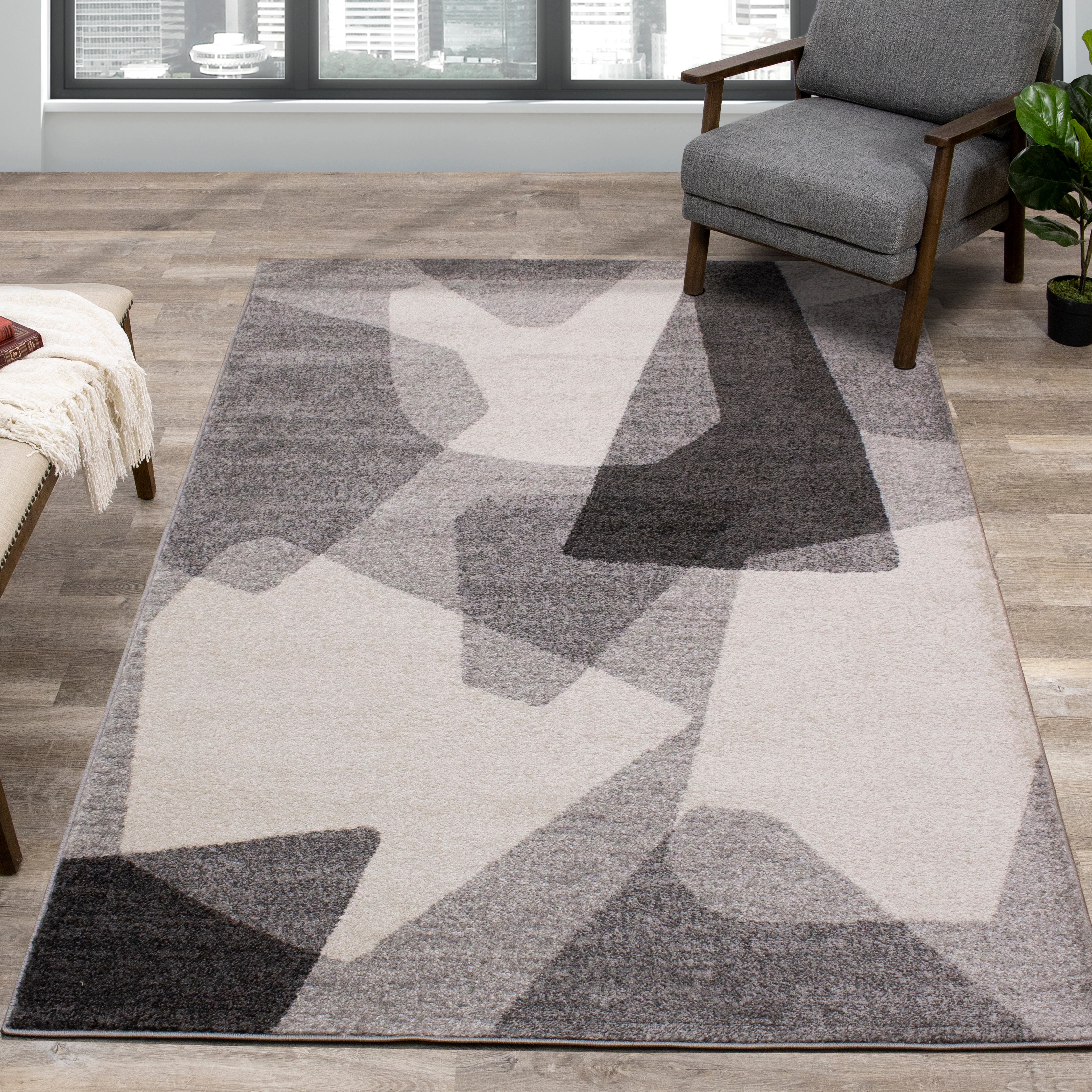 Focus 7'10" x 10'6" Geometric Shapes Area Rug - Grey, White - Image 2
