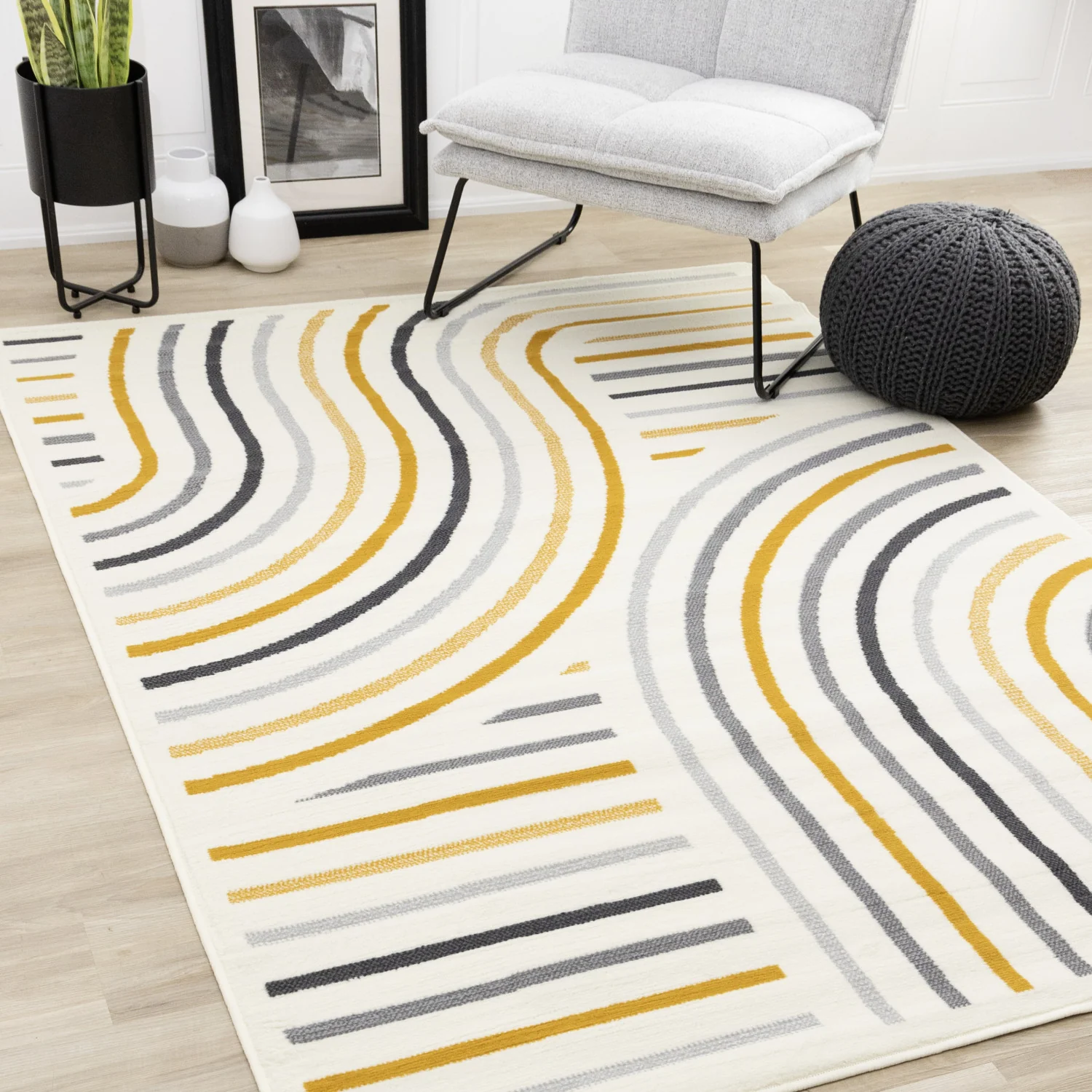 Functional Modern Curves Area Rug - 5' X 8' - Cream/Yellow - Image 2