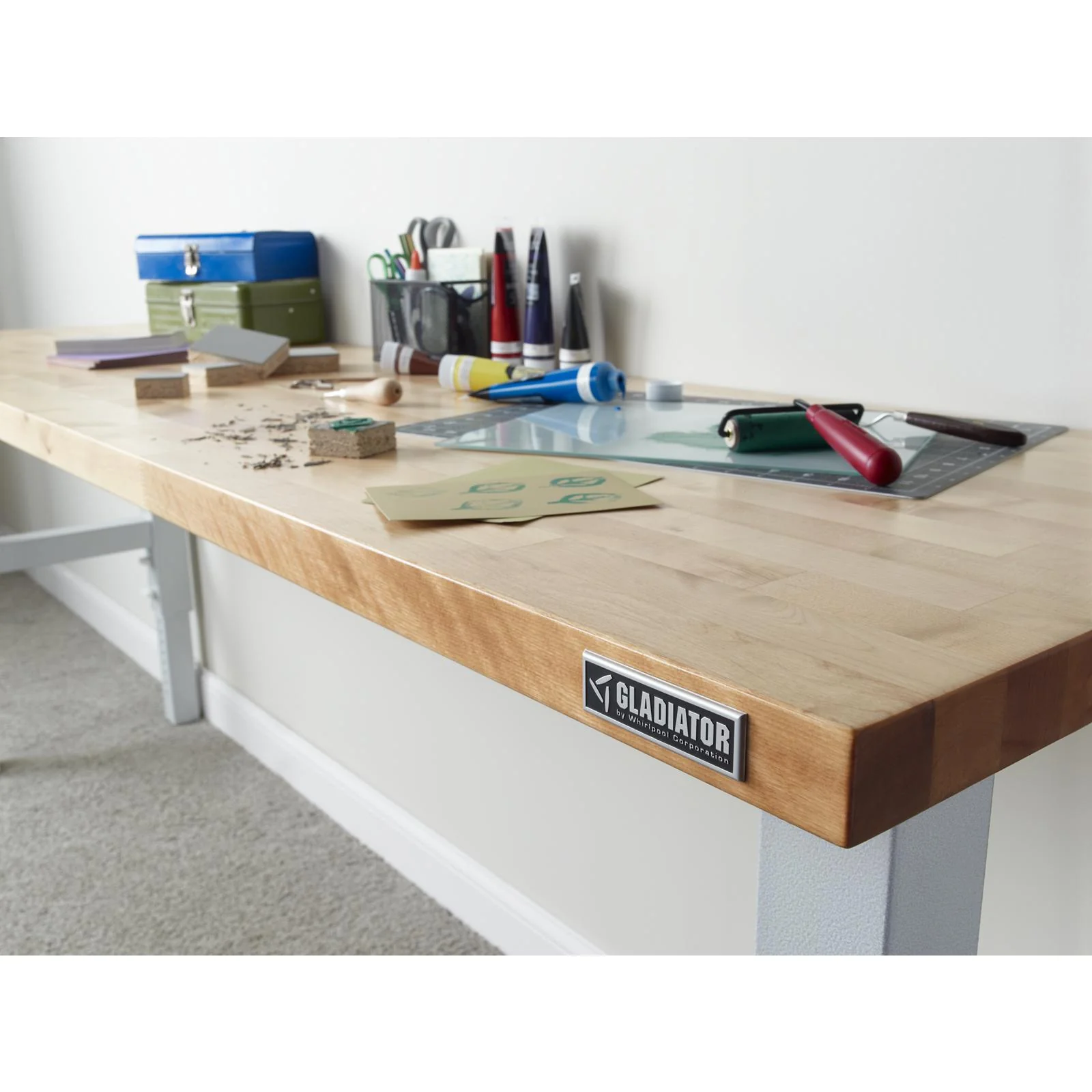 Gladiator Hammered White 8' Adjustable Height Hardwood Workbench - GAWB08HWGW - Image 8