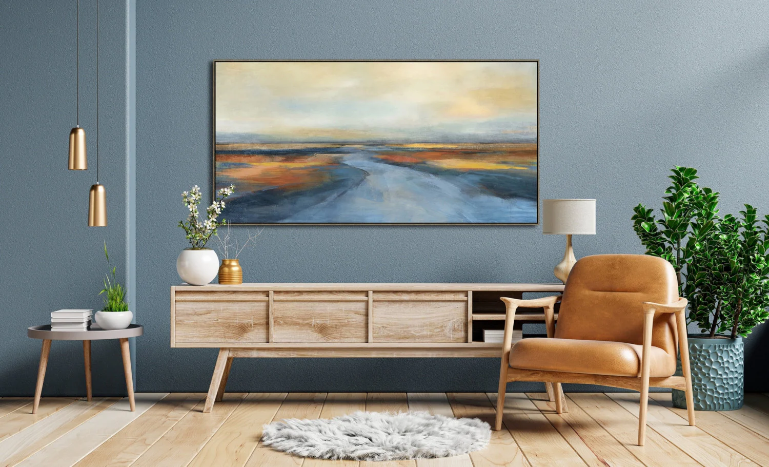 Golden Wanders Wall Art - Blue/Orange - 28 X 56 - Image 2