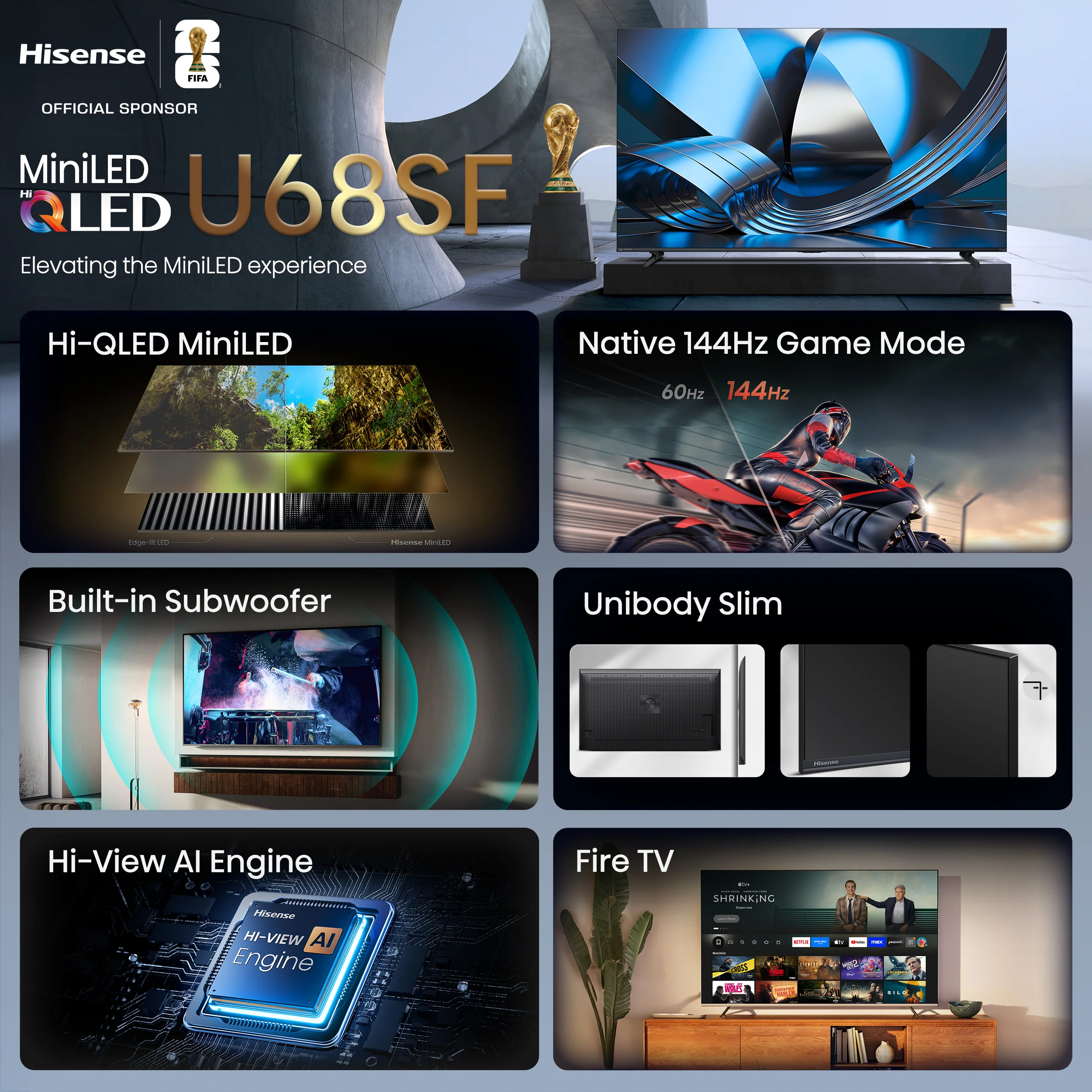 Hisense 55" QLED Mini-LED AI TV 144Hz - Fire TV - 55U68SF - Image 8