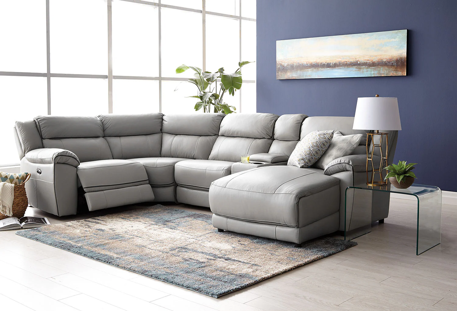 Holton Leather 5-Piece Sectional with Right-Facing Chaise - Grey - Image 2