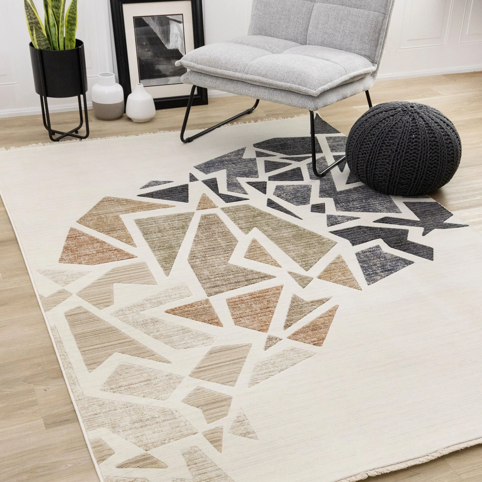 In Harmony 5'3" x 7'10" Shattered Glass Design Area Rug - Cream, Blue, Red - Image 2