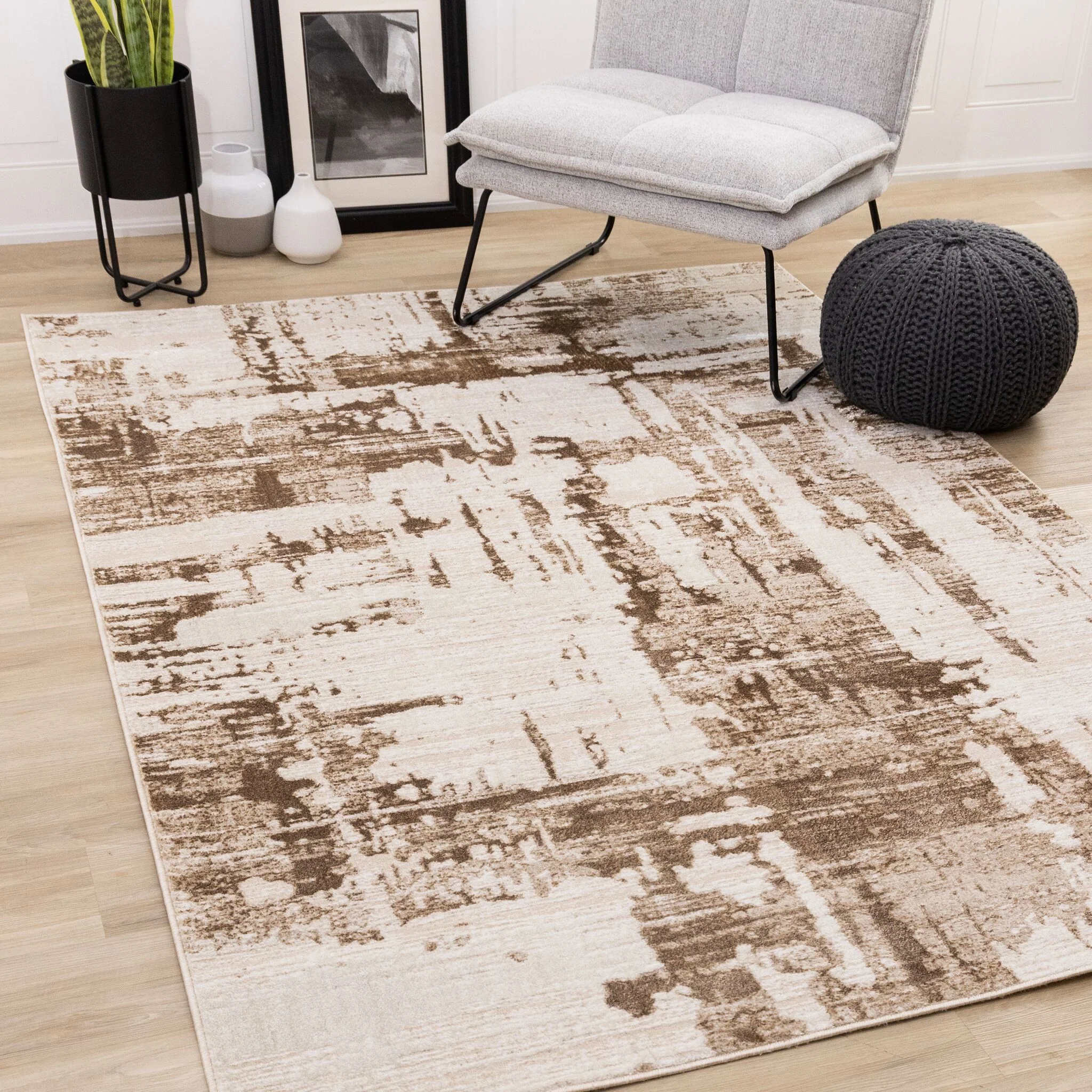 In Harmony 5'3" x 7'7" Organic Distressed Design Area Rug - Cream, Brown - Image 2