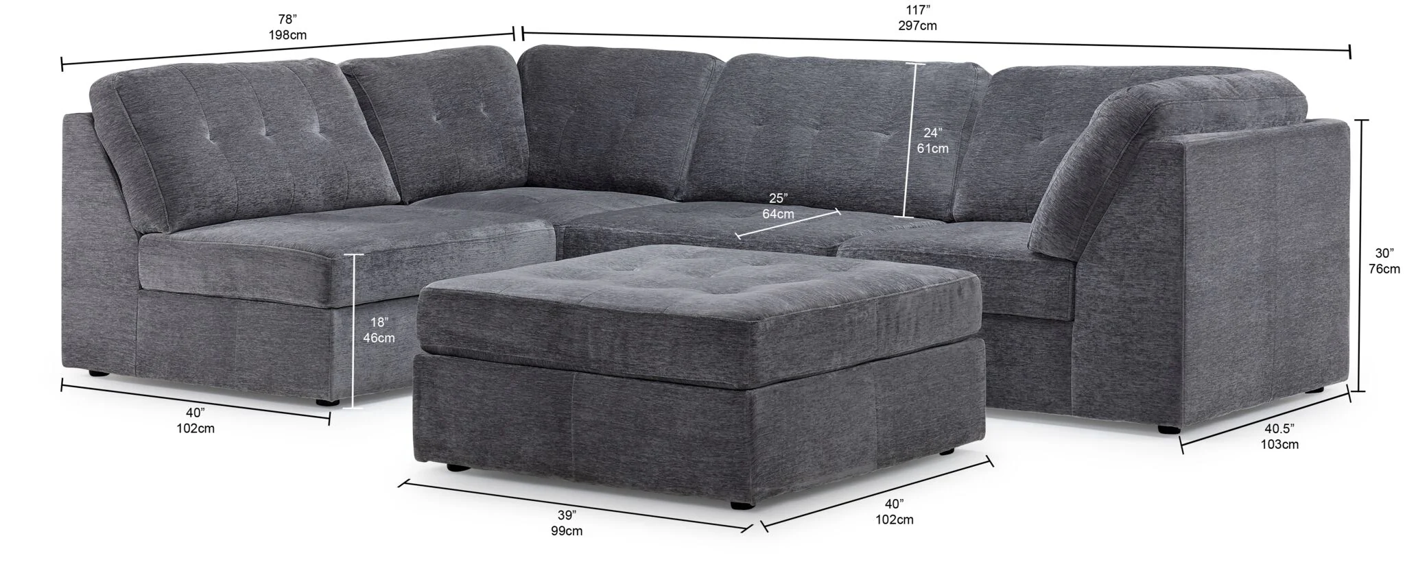 Jayce 5-Piece Modular Sectional with Ottoman - Grey - Image 3