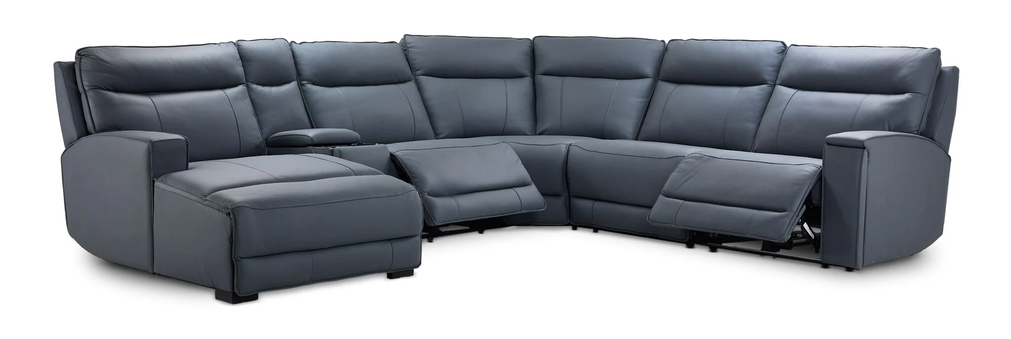 Kingsley Leather 6-Piece Power Reclining Sectional with Left-Facing Chaise - Blue - Image 2