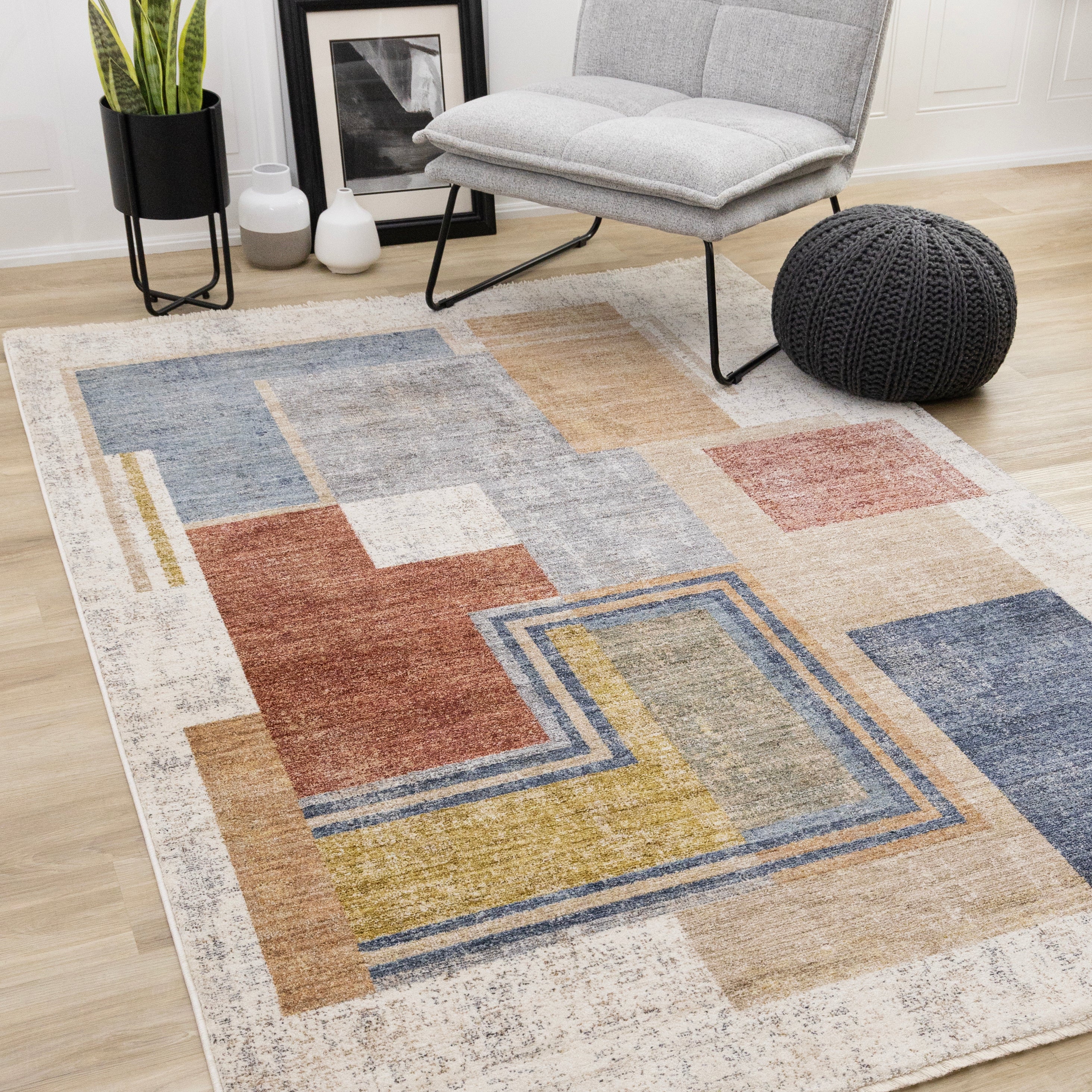 Muse 5'3" x 7'7" Layered Geometric Design Area Rug - Blue, Red, Orange - Image 2