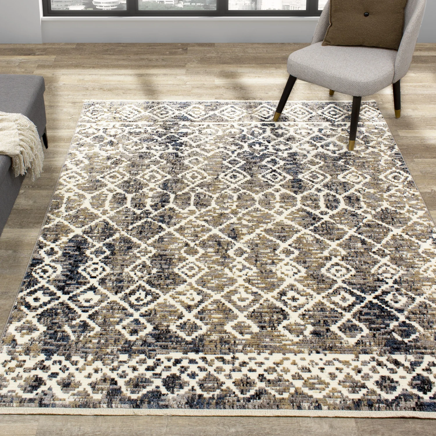 Natick 5'3" X 7'7" Tribal Rug - Beige Blue  Area Rug - Image 2