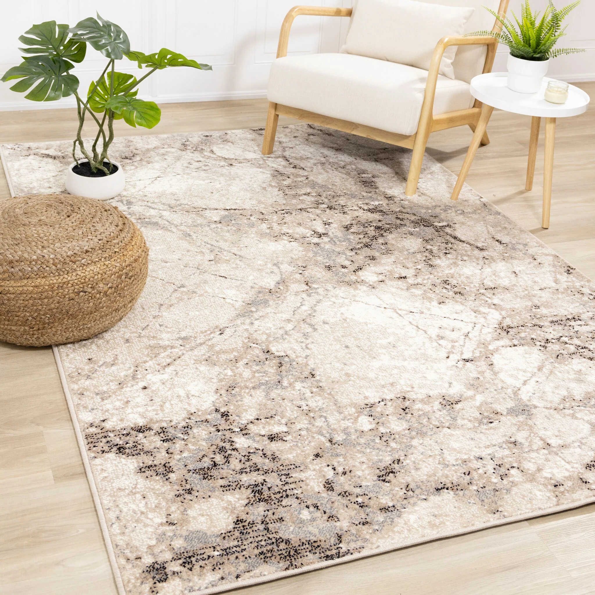 Natural Granite 6'7" x 9'10" Etched Stone Plush Area Rug - Beige - Image 2