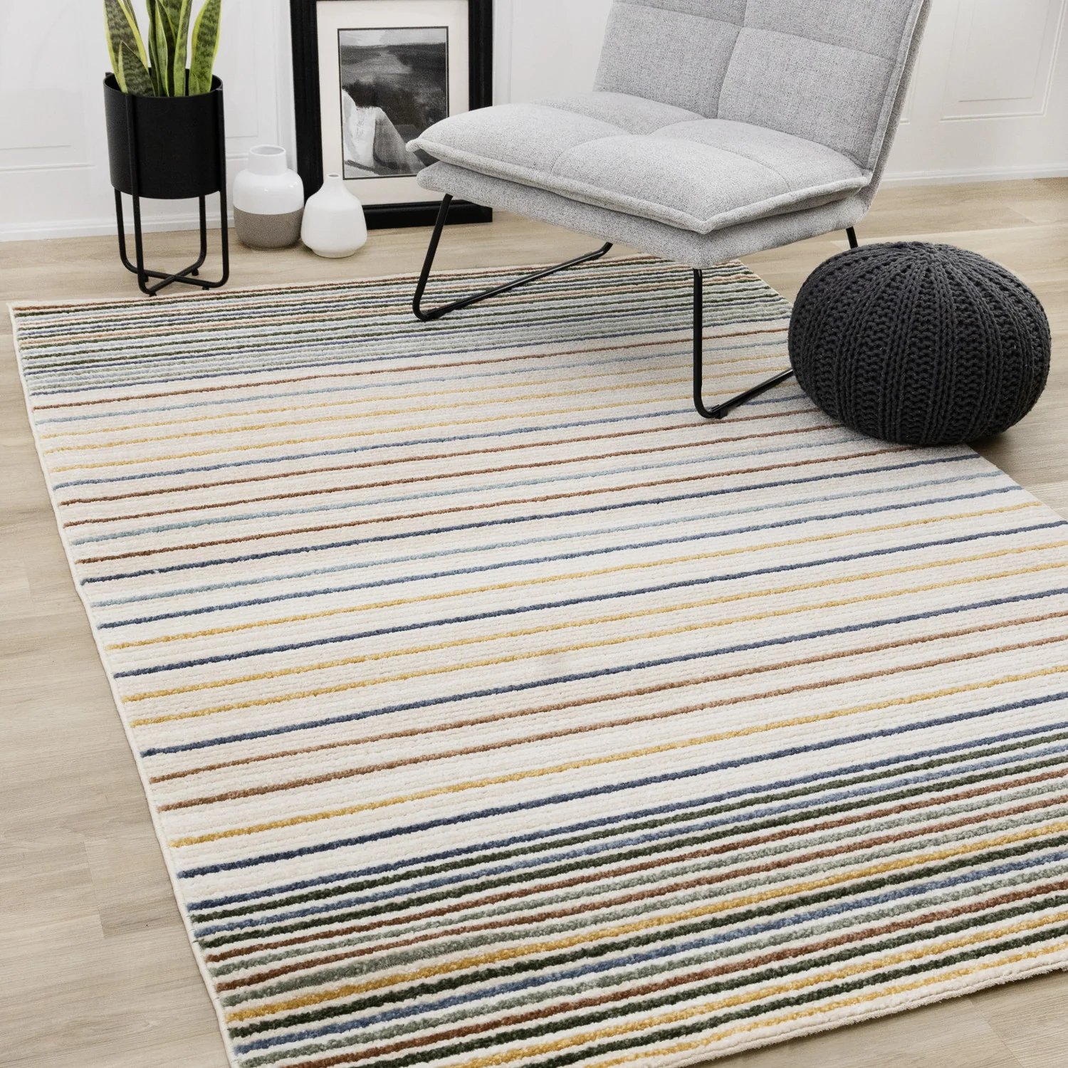 Nora Casual Contemporary Striped Area Rug - 5' X 8' - Cream/Blue/Yellow - Image 2