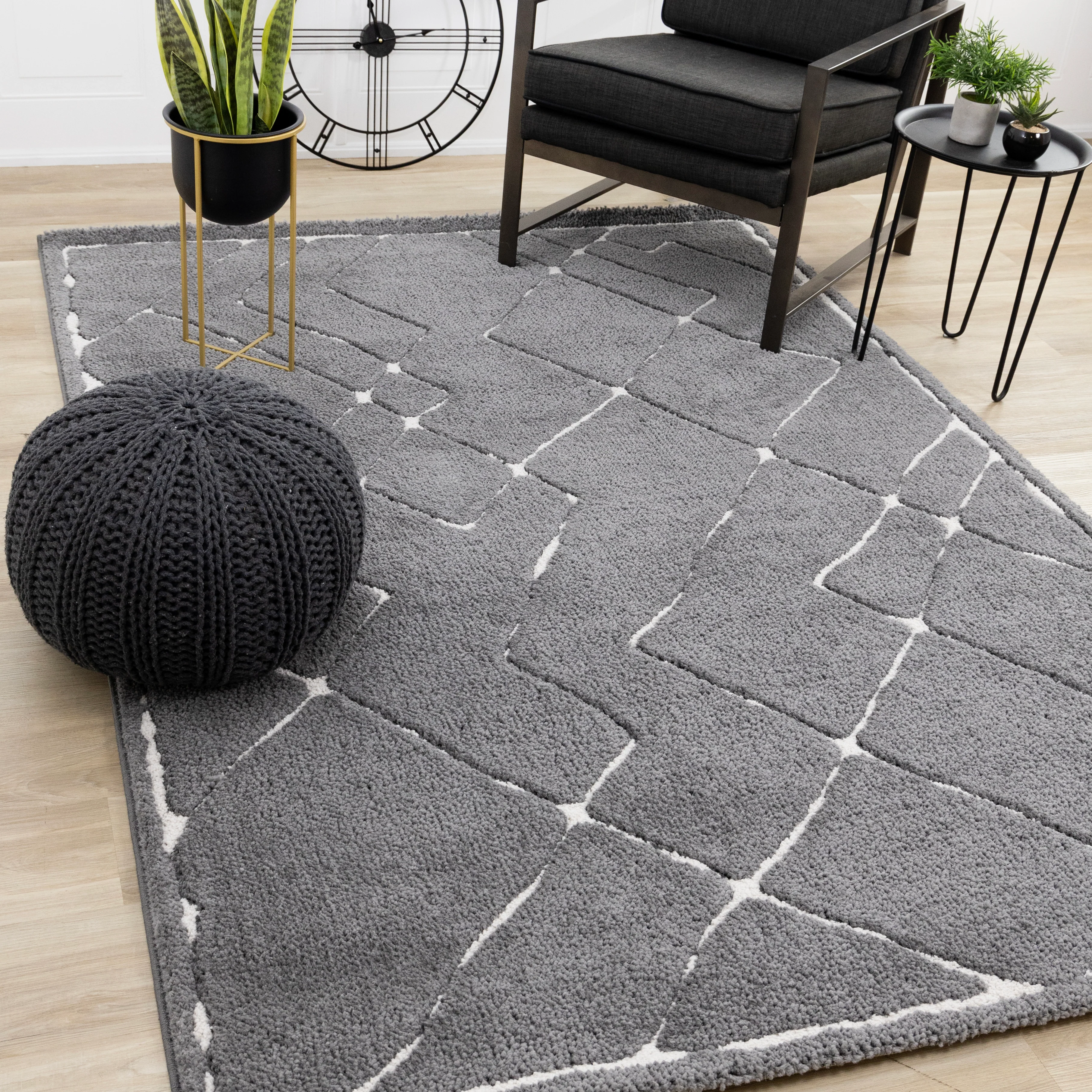 Obsidian 6'7" x 9'6" Broken Lattice Area Rug - Grey, White - Image 2