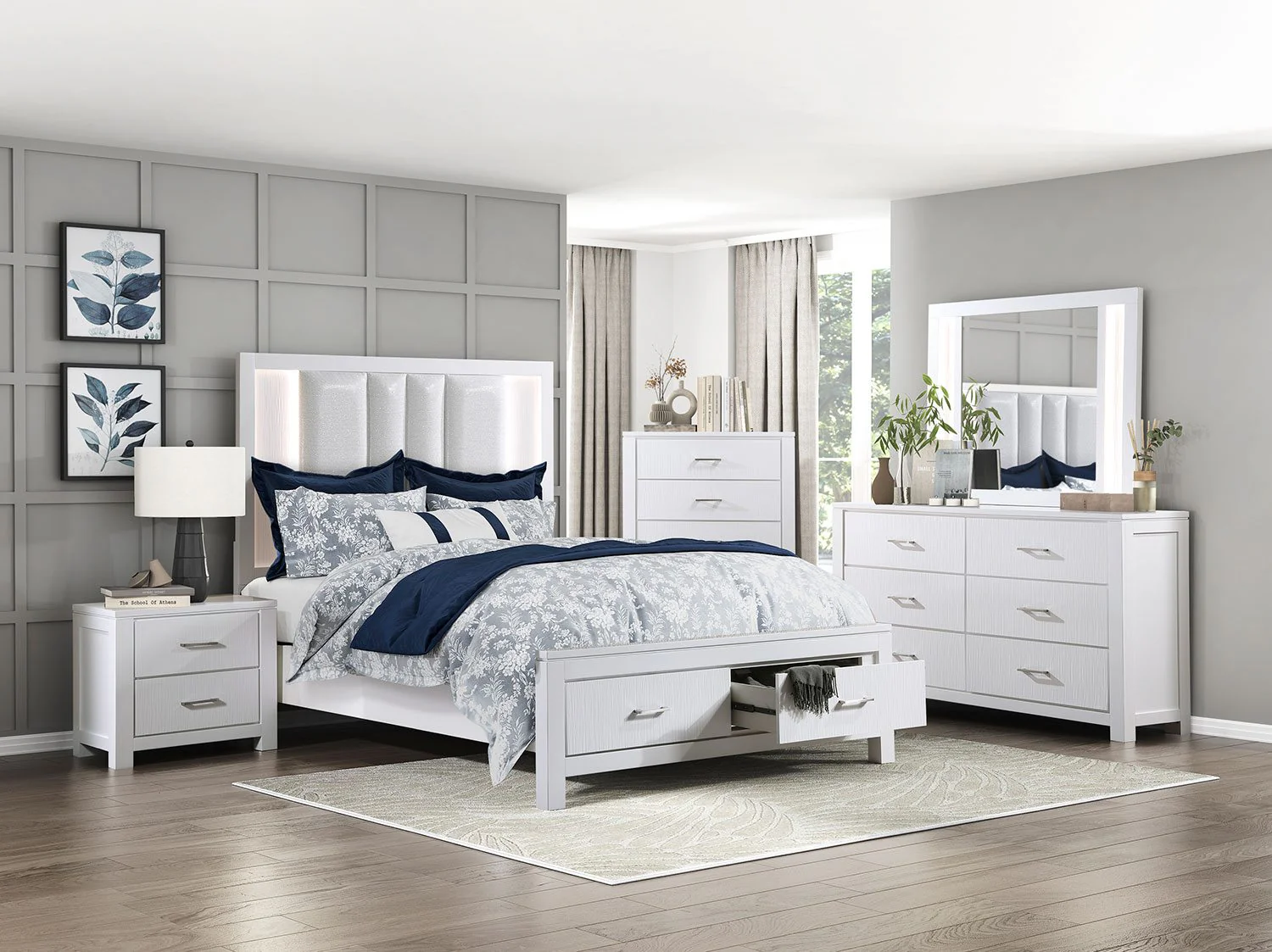 Paris 3-Piece Queen Storage Bed with LED Lighting - White, Silver - Image 2