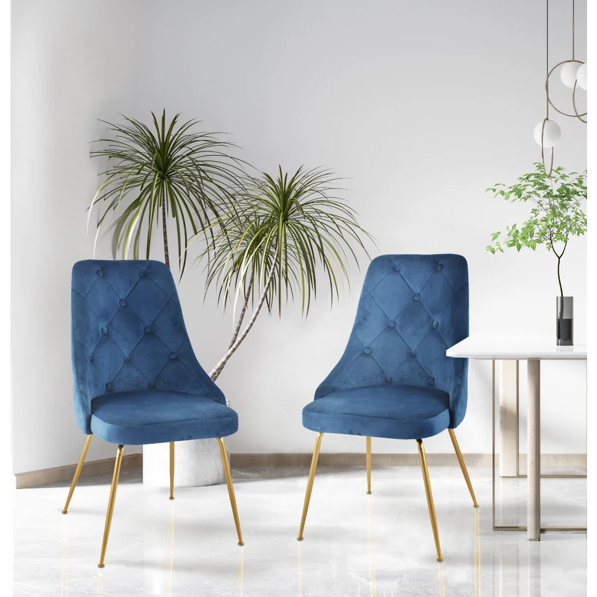 Peacock Velvet Dining Chair - Blue/Gold- Set of Two - Image 2