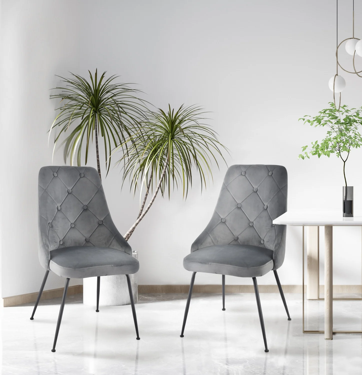 Peacock Velvet Dining Chair - Grey/Black - Set of Two - Image 2