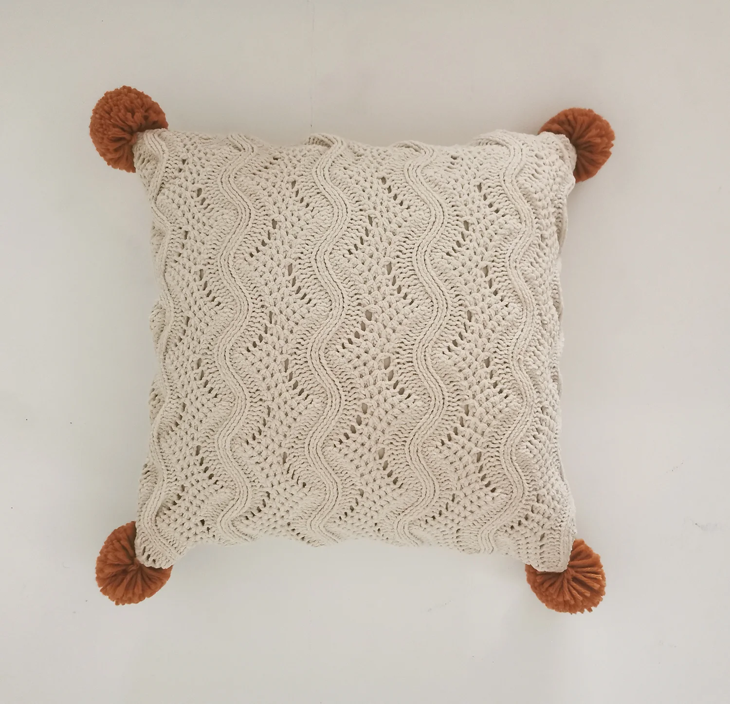 Rustic Charm 18 x 15" Cable Knit Decorative Cushion with Pom-Pom Accents - Beige, Rust