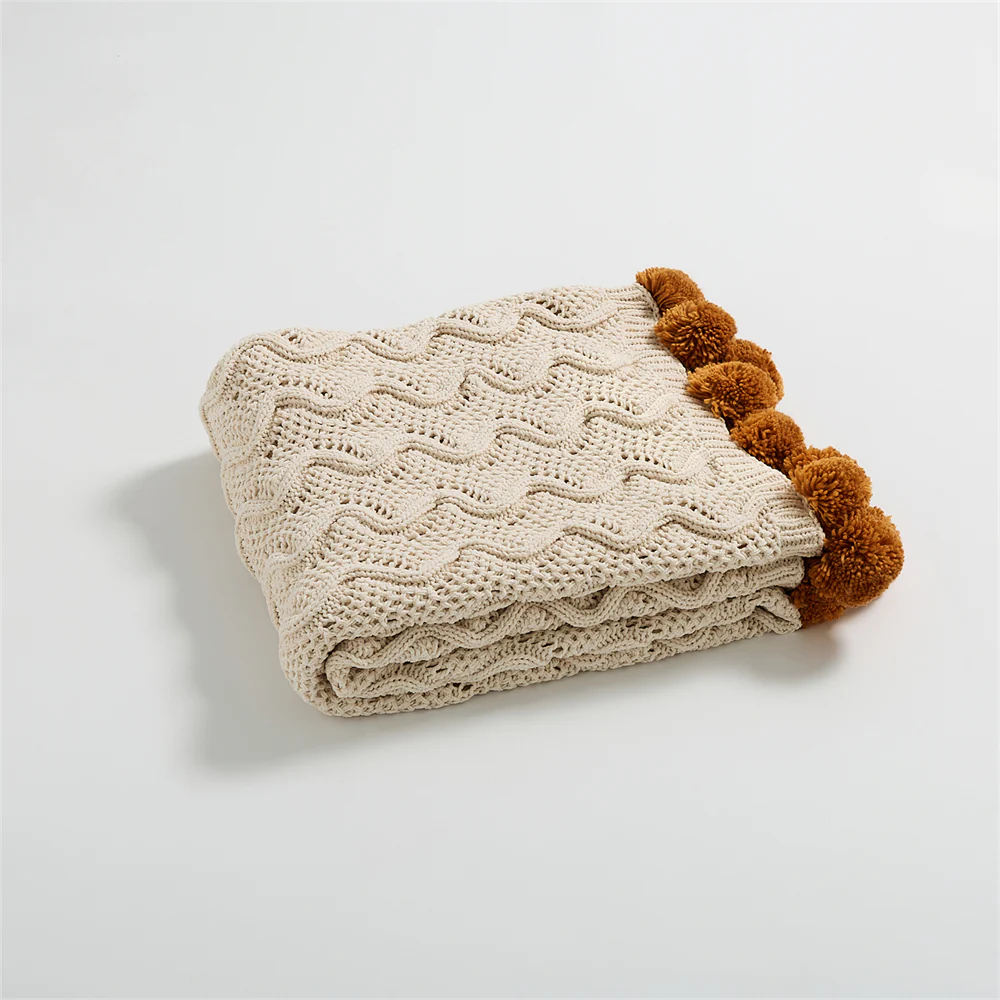 Rustic Charm Cable Knit Decorative Throw with Pom-Poms 50 x 60" - Beige, Rust
