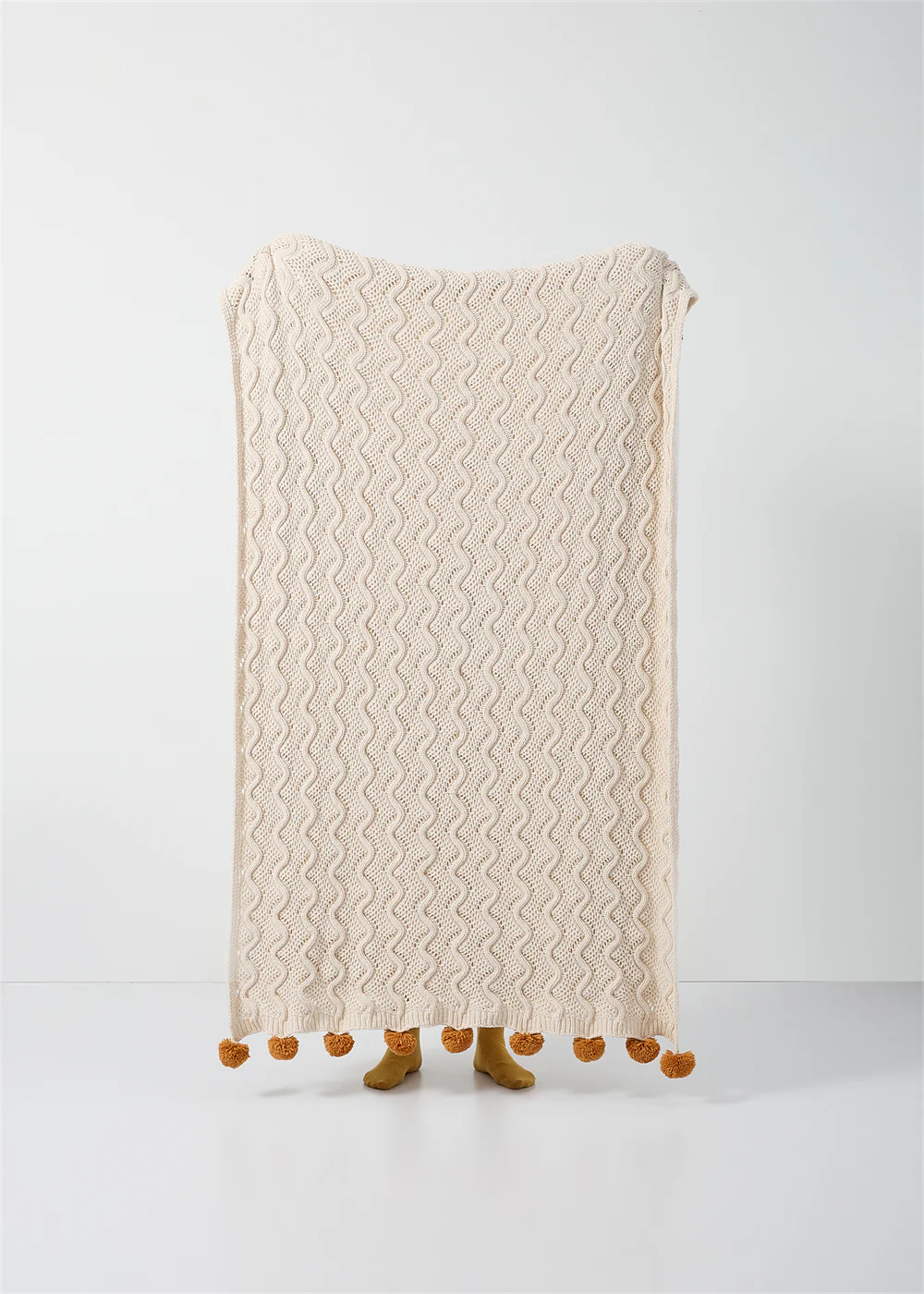 Rustic Charm Cable Knit Decorative Throw with Pom-Poms 50 x 60" - Beige, Rust - Image 2
