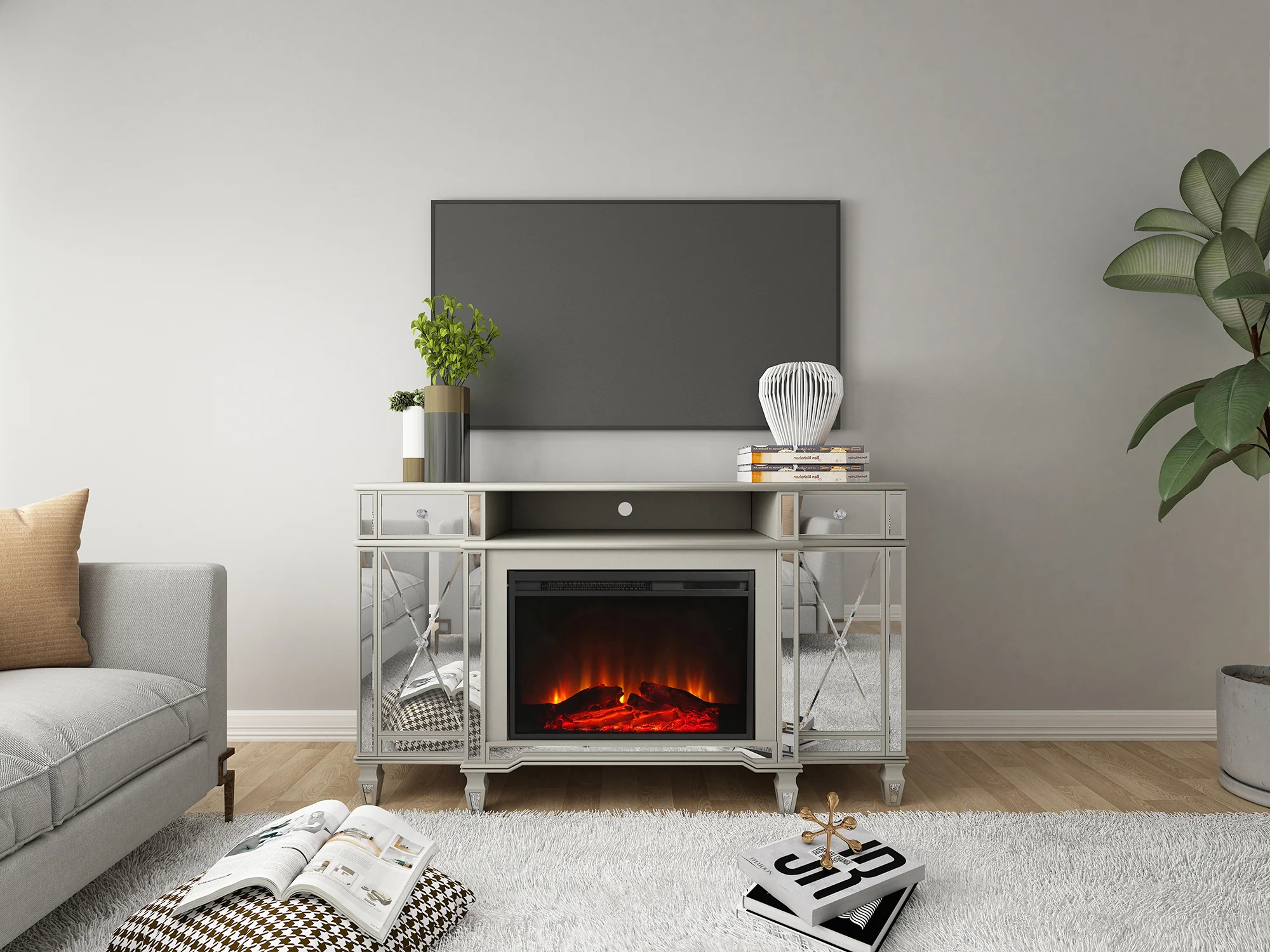 Tiffany Fireplace TV Stand - Mirrored Glass - Image 2