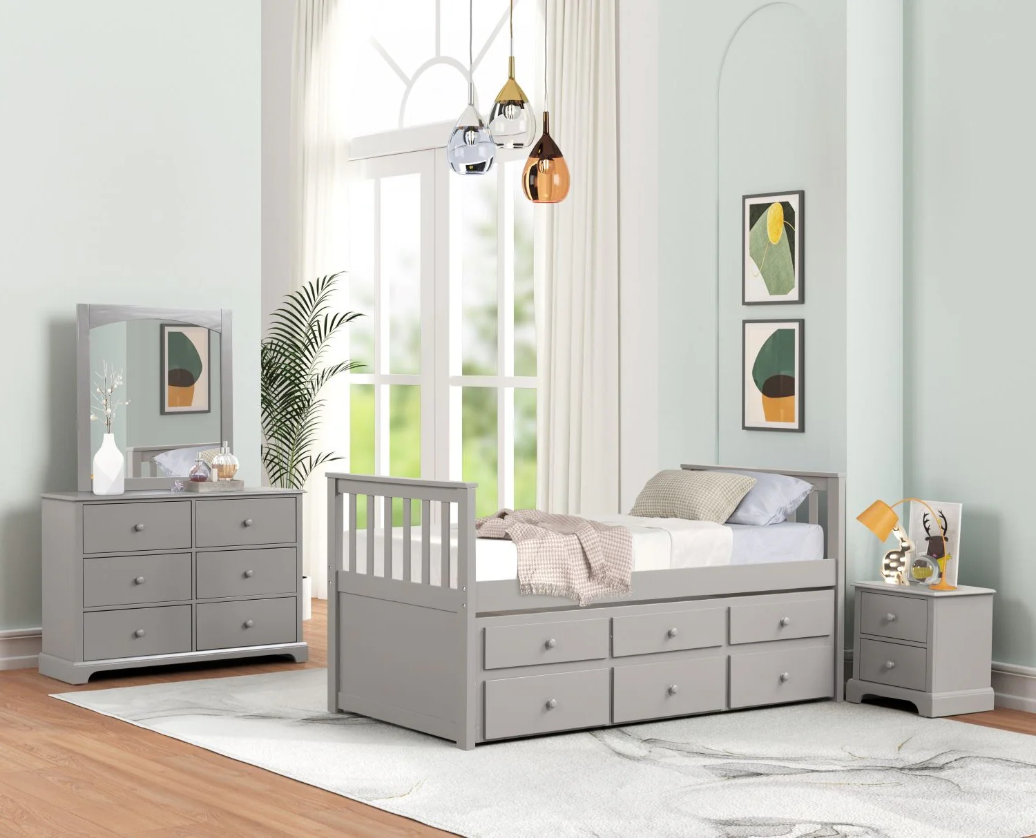 Trudy 3-Piece Twin Captain Bed with Trundle - Grey - Image 2