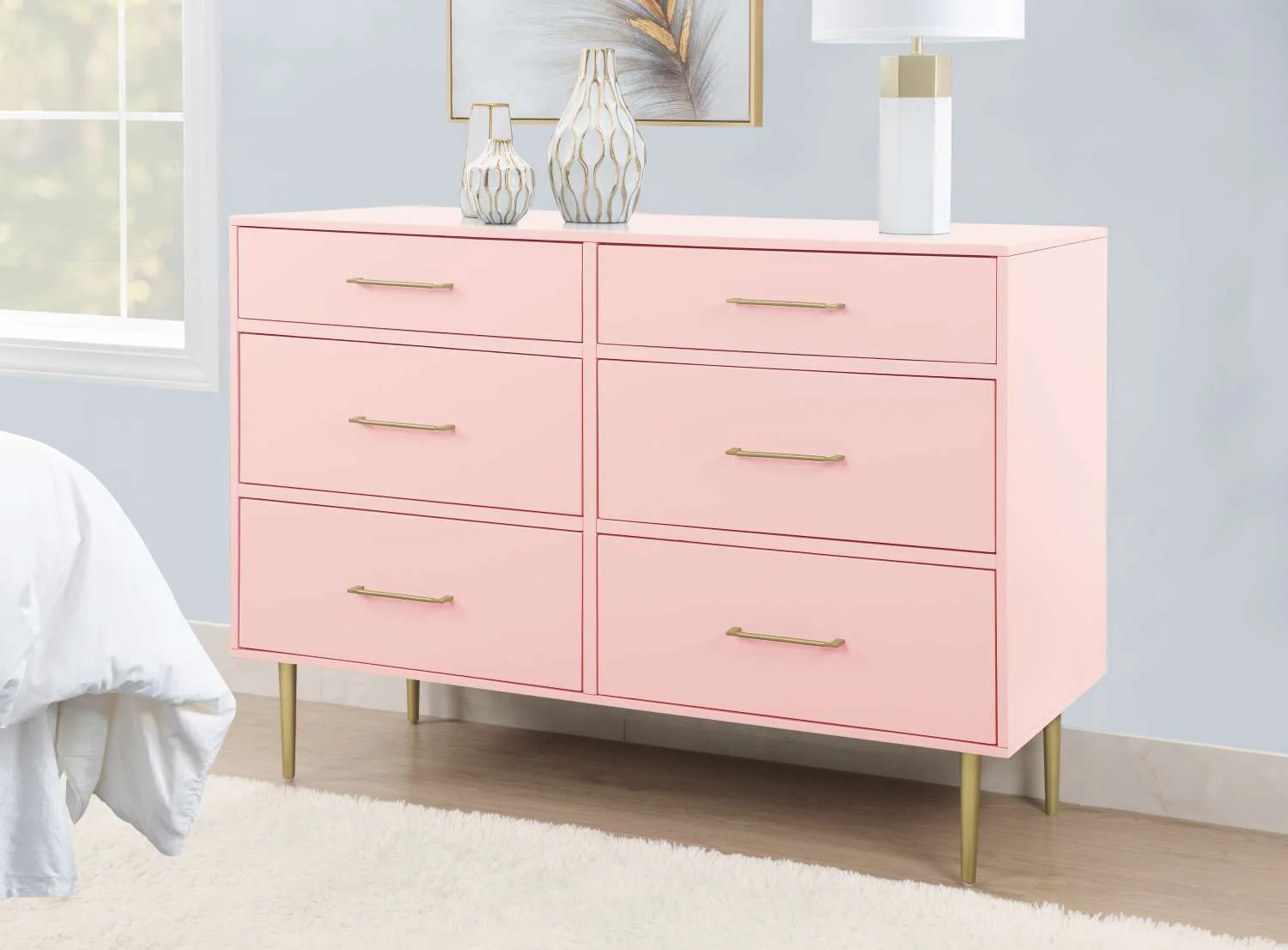 Valerie Glam 6-Drawer Dresser - Light Pink - Image 2