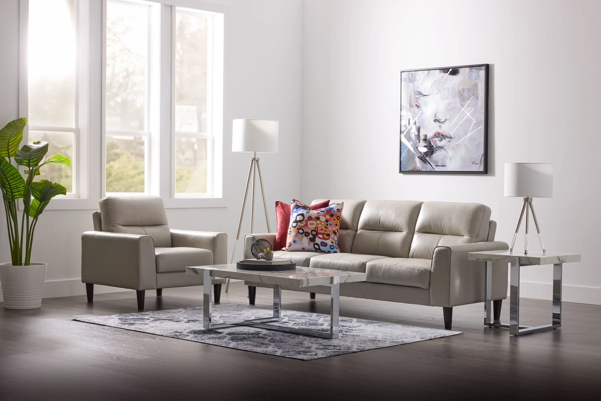 Verissimo Leather Sofa and Chair Set - Silver - Image 2