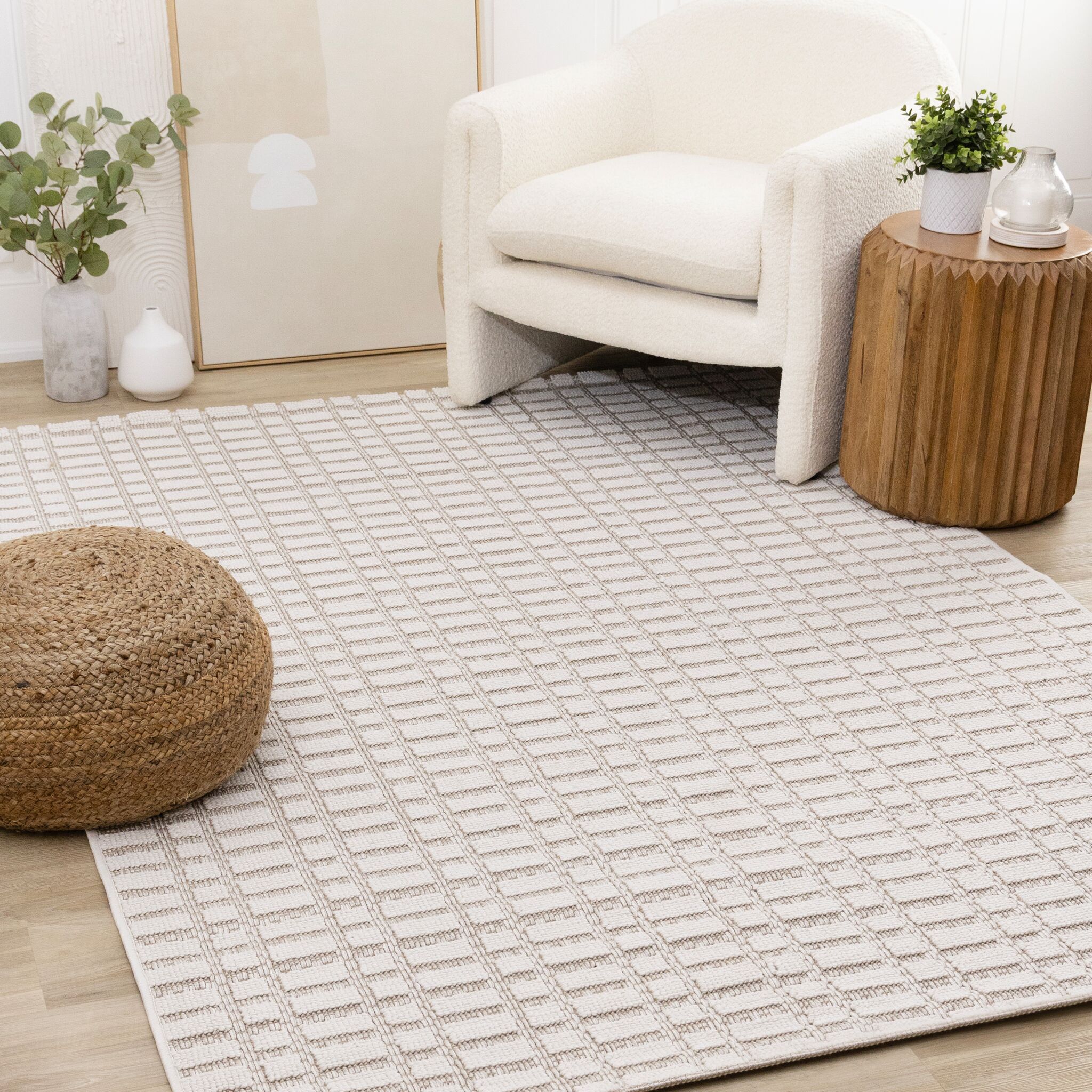 Woven Balance 7'10" x 10'6" Intricate Grid Design Area Rug - White, Taupe - Image 2